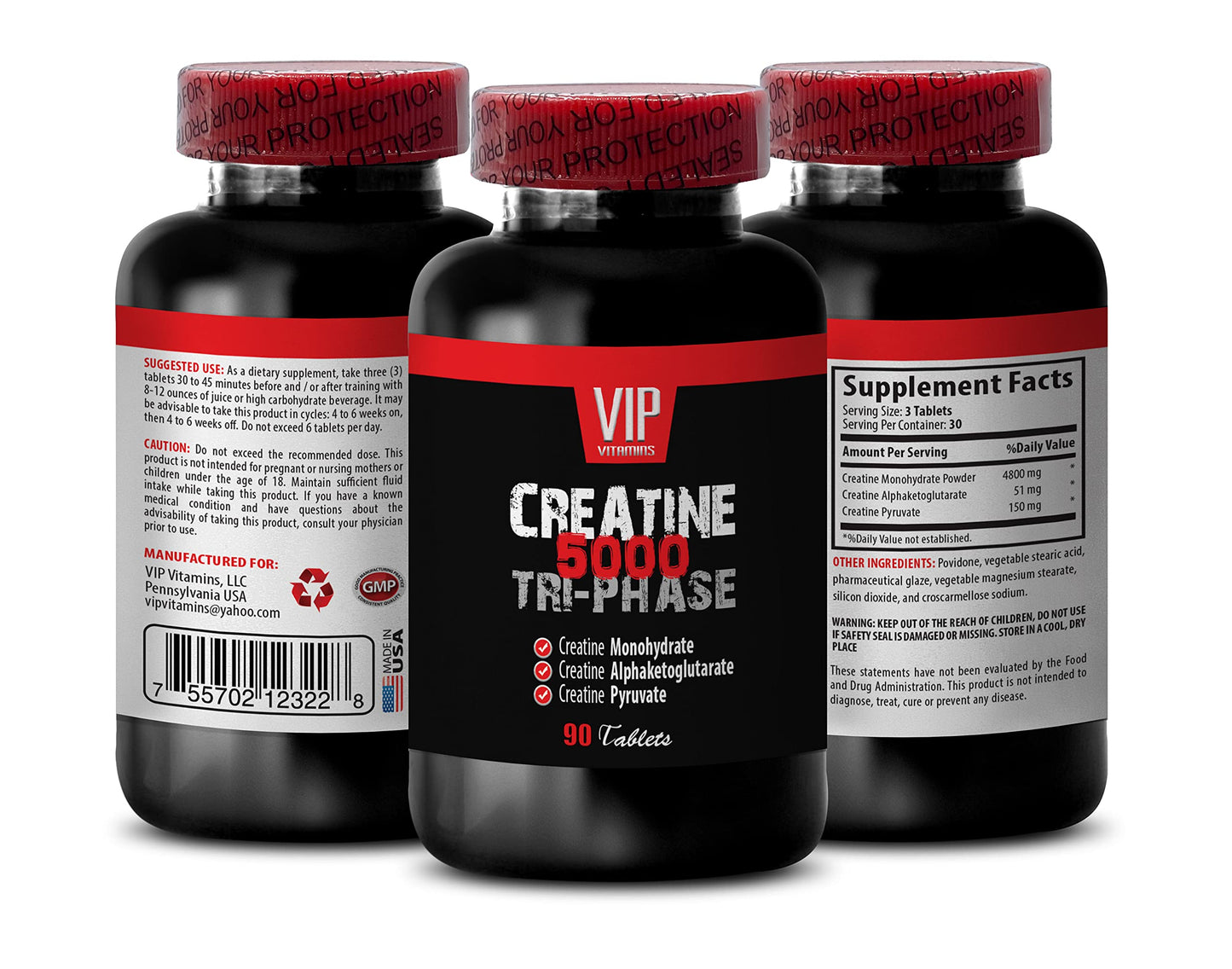 VIP VITAMINS Muscle gain Supplements for Men - CREATINE TRI-Phase 5000 - creatine hcl - 1 Bottle (90 Tablets)