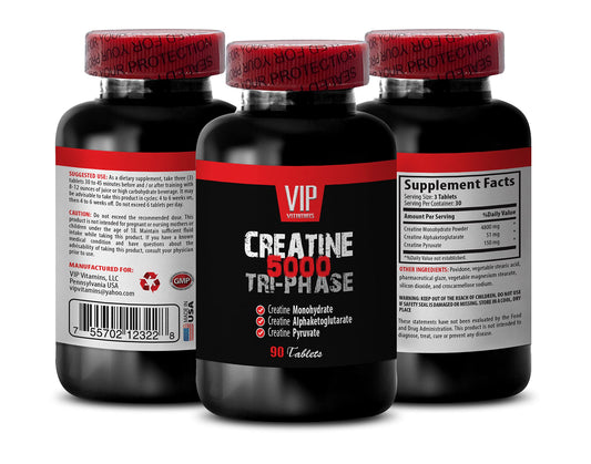 VIP VITAMINS Muscle gain Supplements for Men - CREATINE TRI-Phase 5000 - creatine hcl - 1 Bottle (90 Tablets)