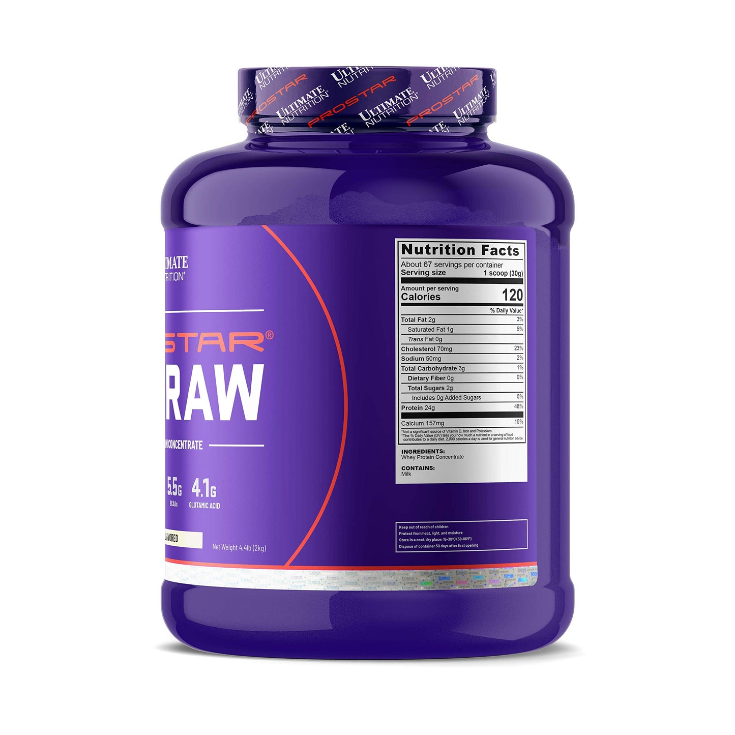 Ultimate Nutrition Prostar Raw Whey Protein Concentrate Powder, Low Carb, Low Fat, Keto Friendly, 24 Grams of Protein Per Serving with 5.5 Grams of BCAAs,Unflavored, 67 Servings, 4.4 Pounds