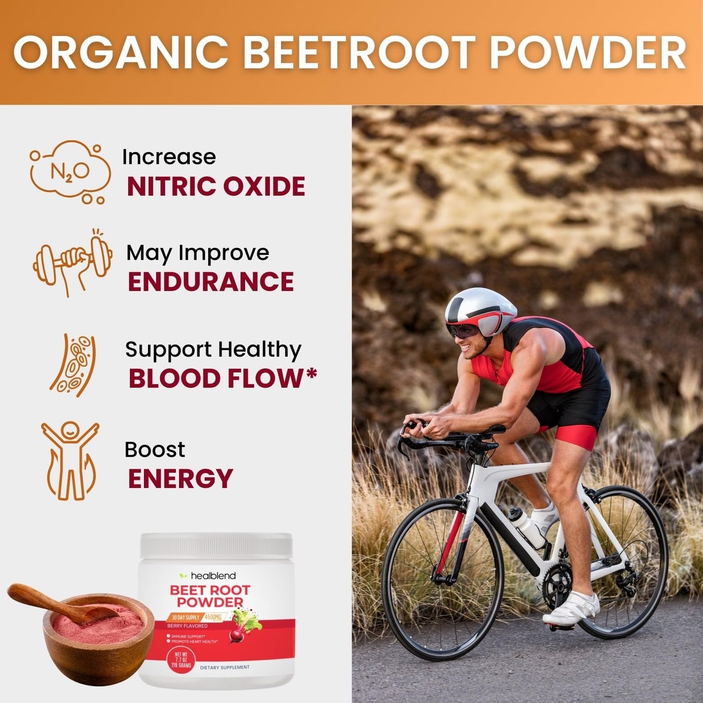 healblend Organic Beet Root Powder with Raspberry Powder, Organic Natural Acai, Vitamin C, Niacin, Berry Flavored, 30 Day Supply