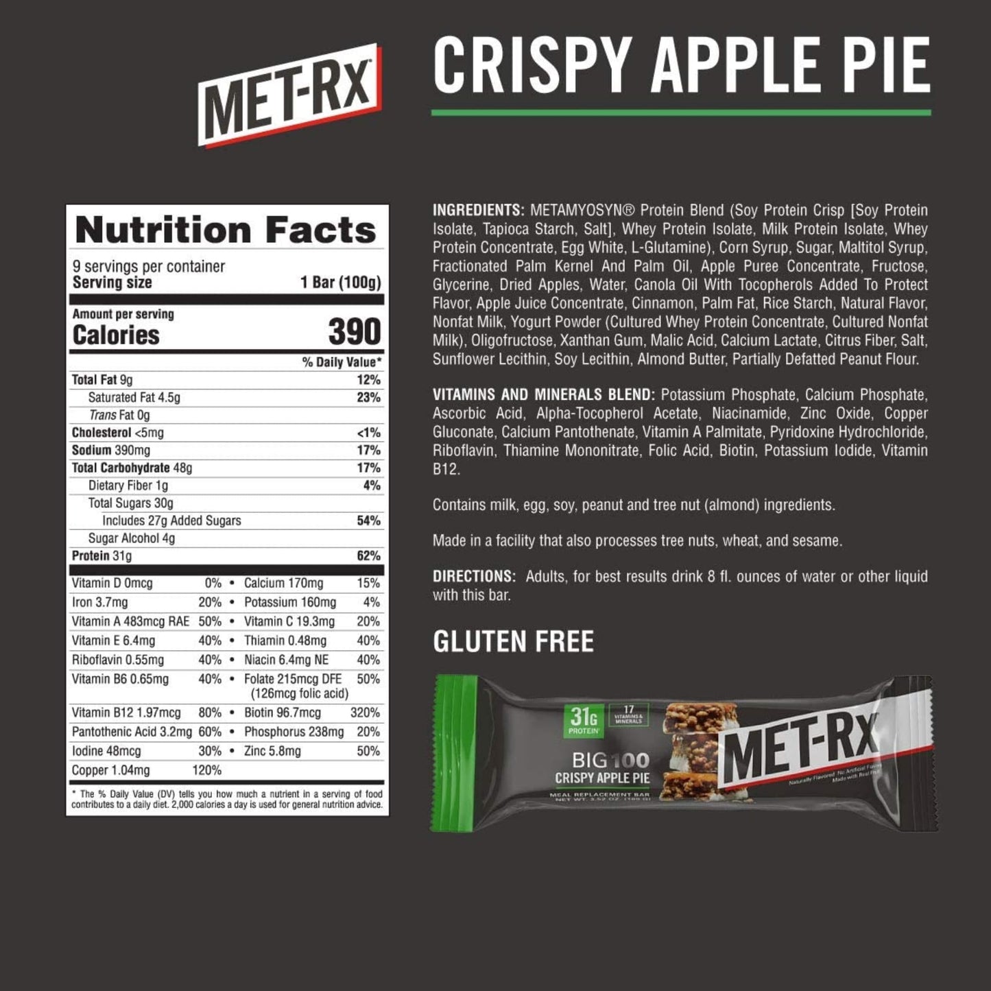 Meal Replacement Bars ~ MET RX ~ Big 100 Colossal Protein Bars ~ Crispy Apple Pie ~ 3.52 oz. ea, (8 bars Total) meal replacement (2 Boxes) Bundled With 2 White Sweat WristBands +GrisaBox (2 Count (Pack of 4), Crispy Apple Pie)