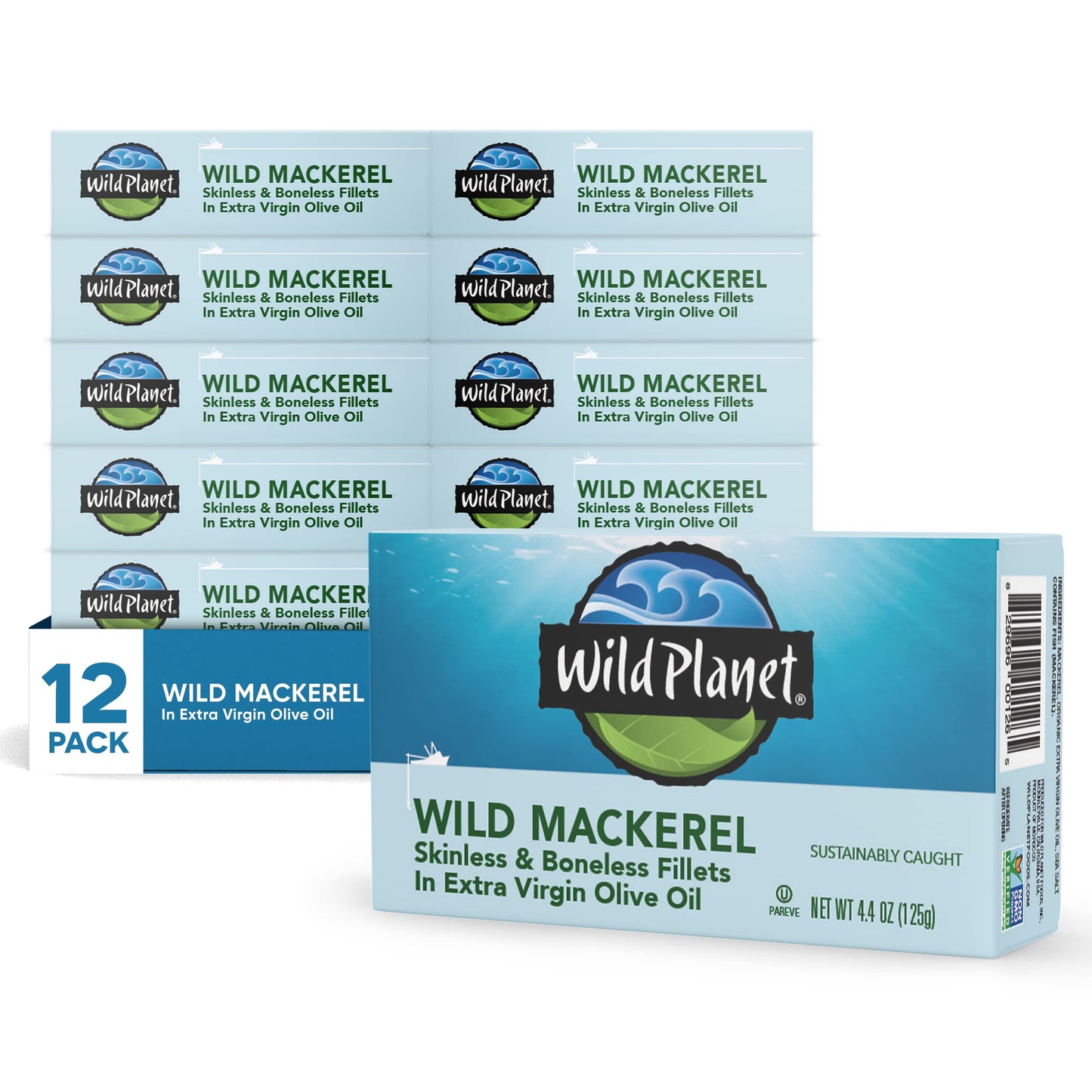 Wild Planet Wild Mackerel Fillets in Organic Extra Virgin Olive Oil Skinless  Boneless Tinned Fish 44 Ounce  Pack of 12