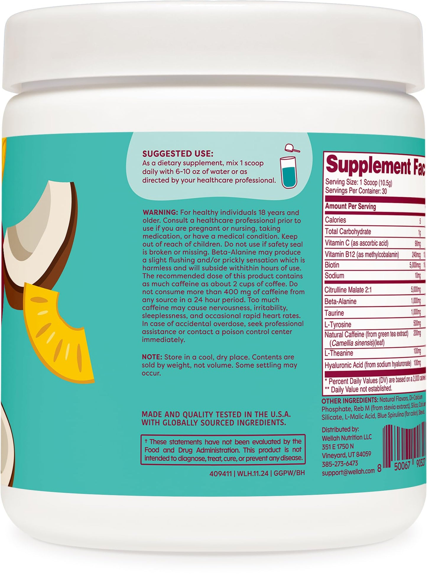 Wellah Get-Going Pre-Workout Drink Mix (Blue Hawaii Flavored, 30 Servings)