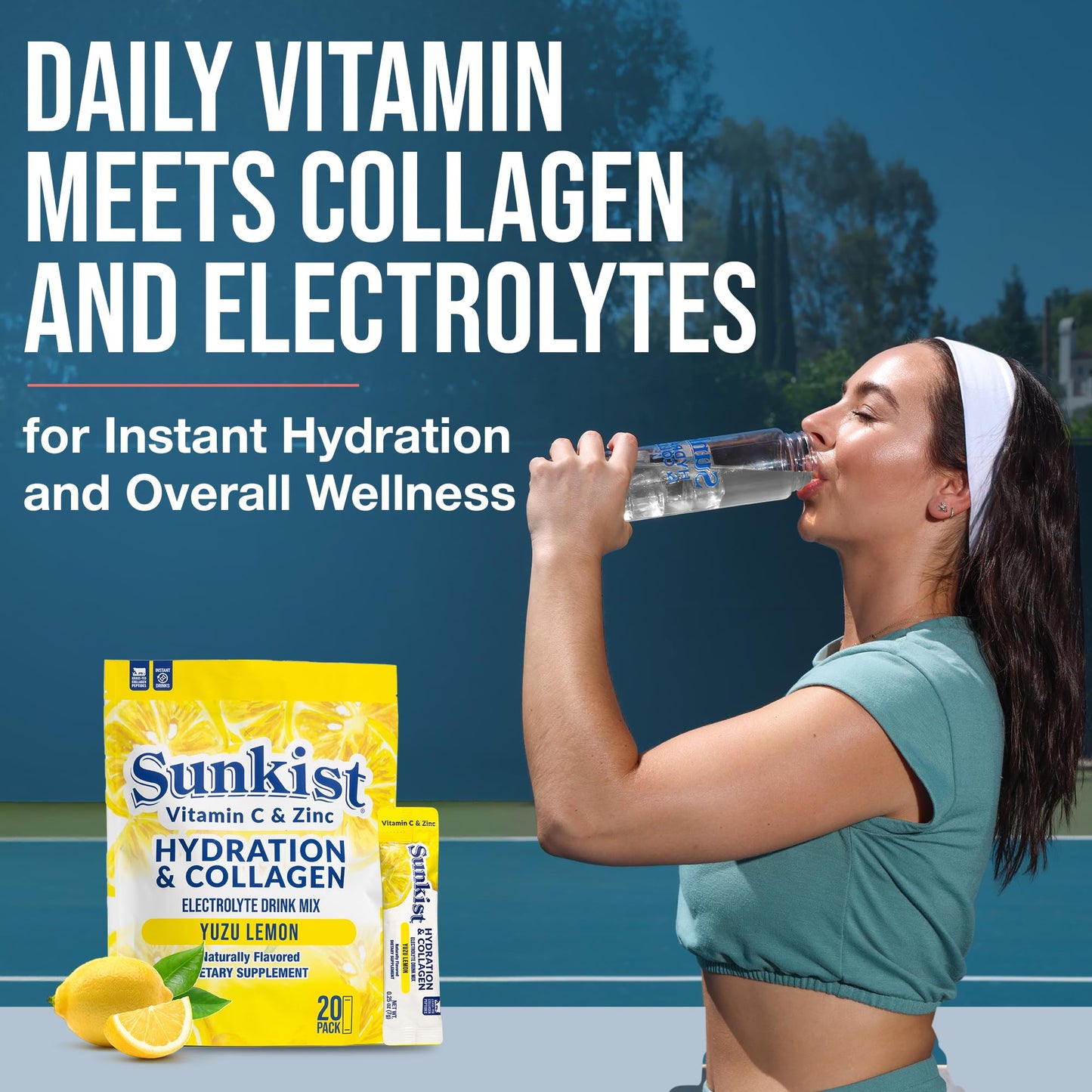 The Frozen Bean Harmony Proteins- Sunkist Collagen Drink Mix - Hydration Yuzu Lemon Electrolyte Drink for Women with Vitamin C, Zinc, Collagen Peptides, Naturally Flavored - 20 Pack