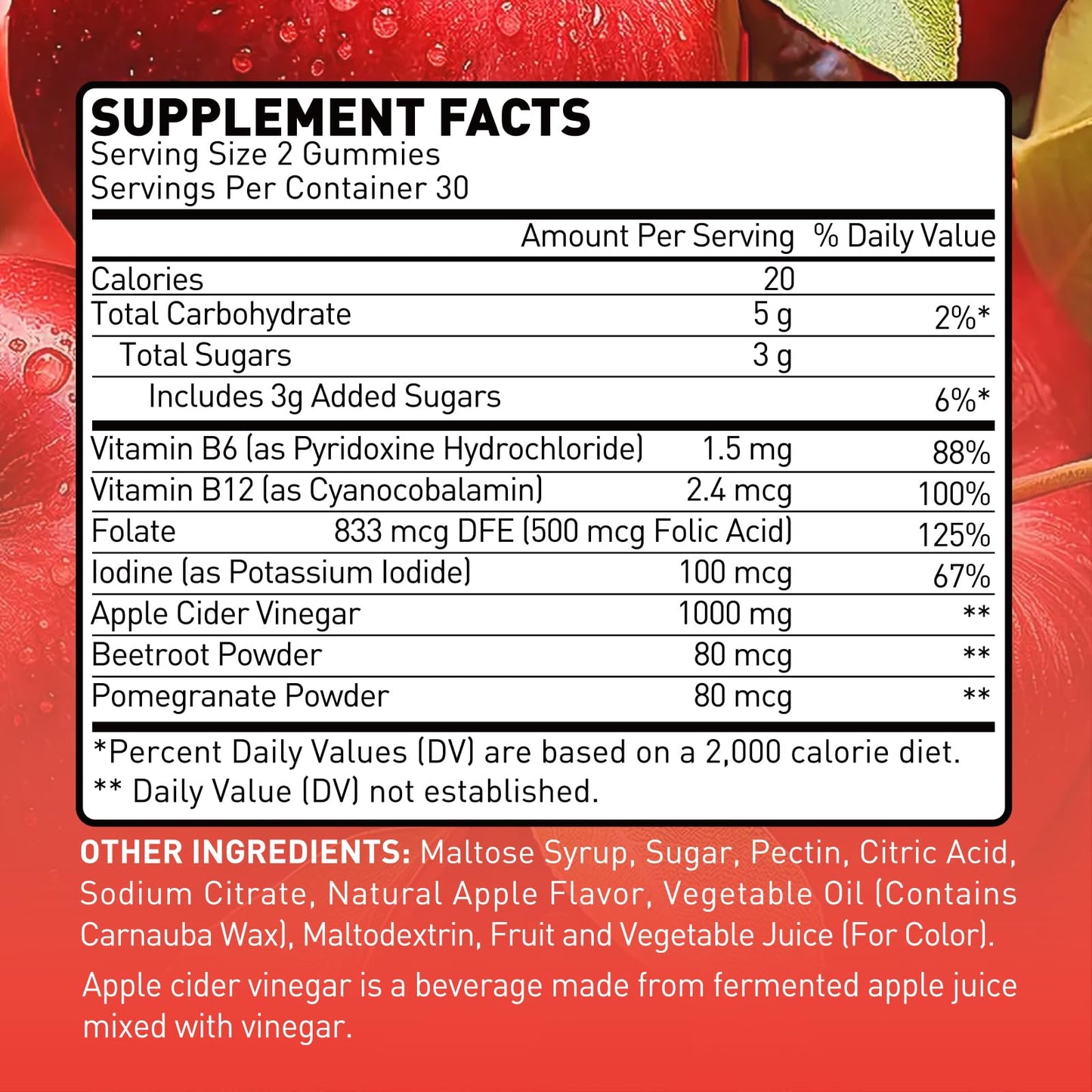 Novafun Apple Cider Vinegar Gummies with Vitamin B12 & Folic Acid - 1000mg Apple Cider Vinegar for Detox & Digestion Support, Vegetarian & Gluten-Free, Apple Flavor, 60 Count