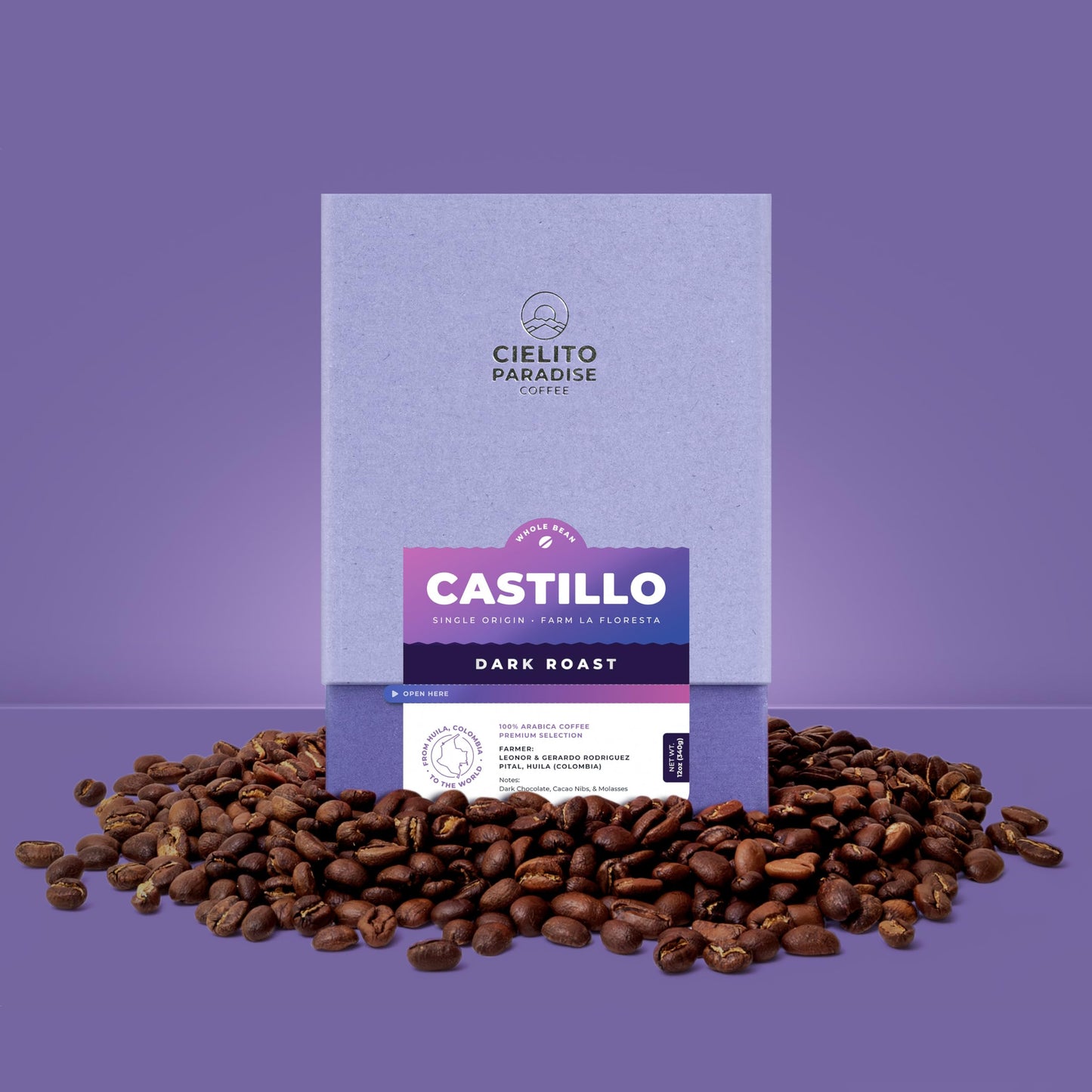 Castillo Dark Roast Cielito Paradise Coffee Whole Bean Huila Colombia Single Origin versatile and savory with notes of dark chocolate cacao nibs and molasses 12oz
