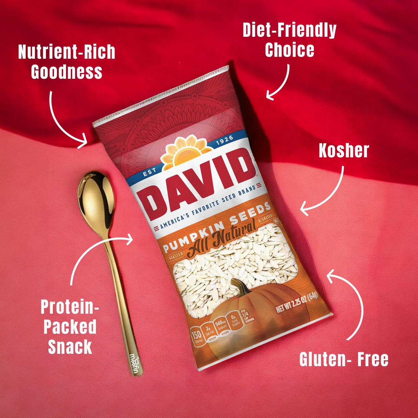 DAVID Pumpkin Seeds Roasted Salted 225 oz with Moofin Golden SS Spoon Healthy  Delicious Snack High in Protein Fiber  Healthy Fats Low in Calories Ideal for Any Time Snacking Pack of 3