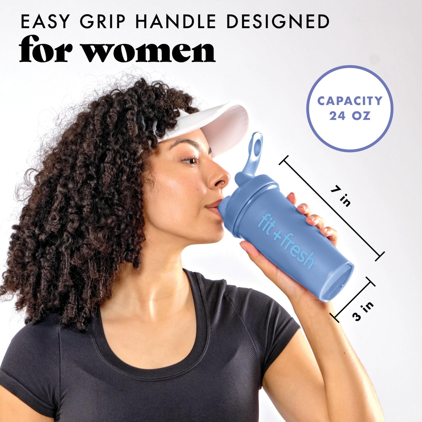 Fit & Fresh Shaker Bottle, Leak Proof Sports Blender Bottle Easy to Clean, Durable Protein Shaker Cup 24 oz.with Unique Agitator for Smooth Mixing, Cornflower Blue
