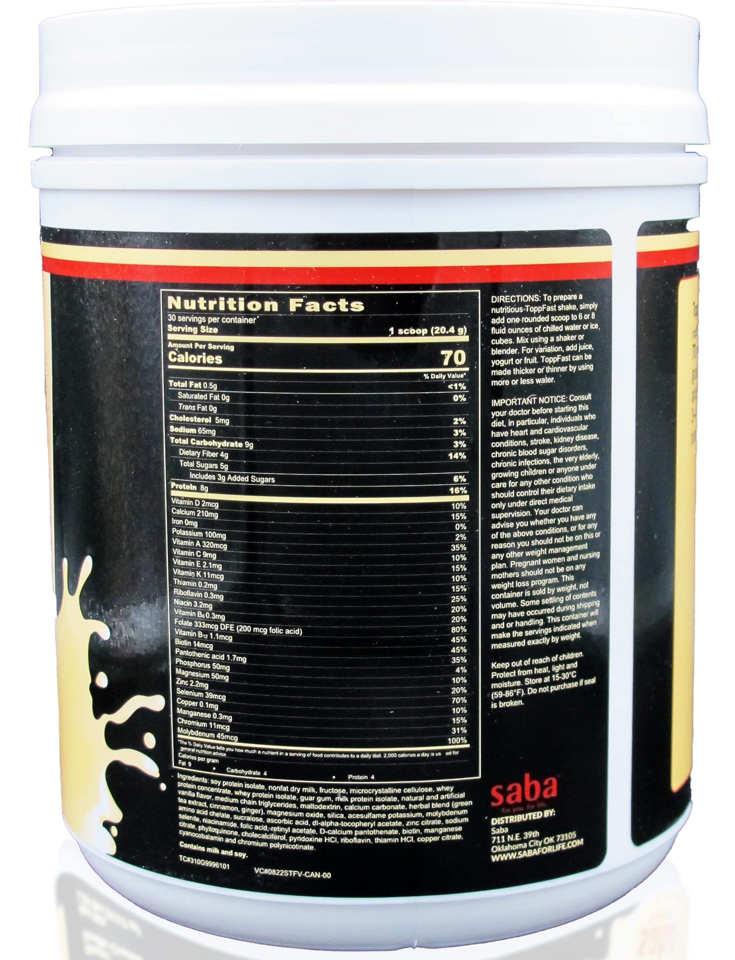 Saba ToppFast™-Weight Management Nutrition -Scientific Blend of proteins, Herbs, Vitamins, Minerals, & antioxidants in a Low-Fat, Low-carb Formula (Vanilla)