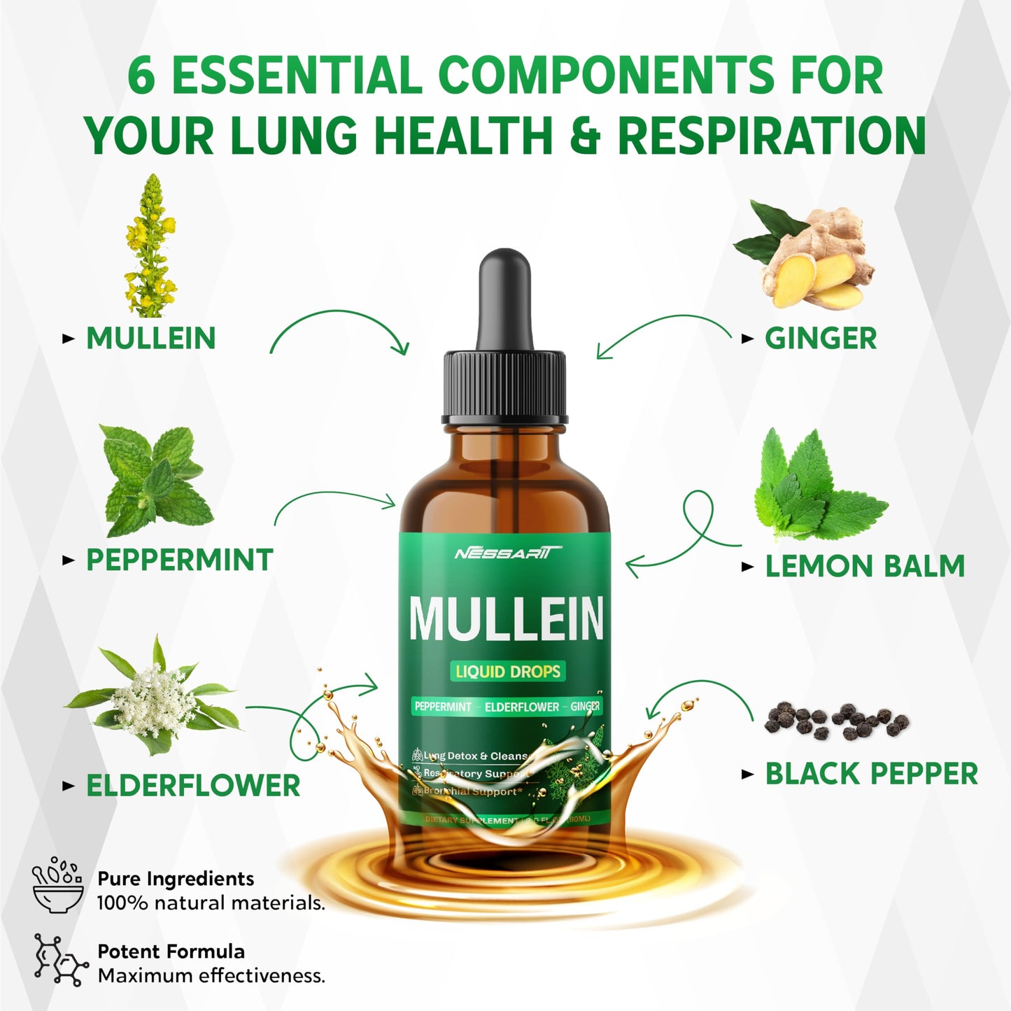 NESSARIT Mullein Liquid Drops - Peppermint, Elderflower, Ginger - Lung Detox, Respiratory Support, Bronchial Support - Made in USA - 2.0 fl oz (60ml)