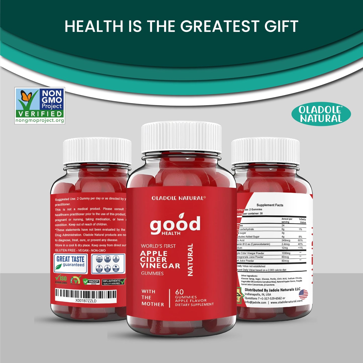 Oladole Apple Cider Vinegar Gummies with Mother - 60 Gummies | Delicious ACV Supplement | ACV Gummy | Enriched with Vitamin B12, B9, Pomegranate, Beetroot | Gelatin-Free, Gluten-Free, Vegan
