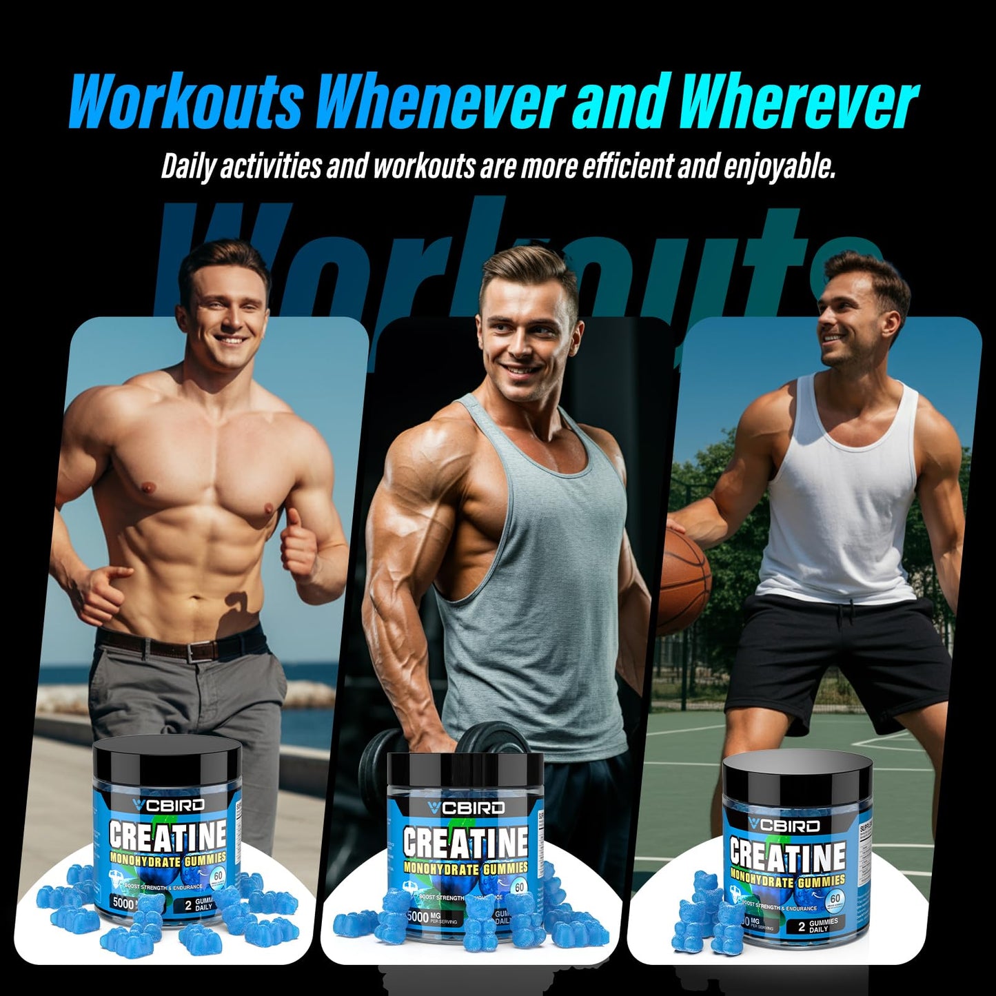 VCBIRD Creatine Monohydrate 5g Per Serving, No Sugar Creatine Supplements Support for Strength, Performance, Energy, Recovery, Gluten-Free Creatine for Women and Men (60 Gummies)