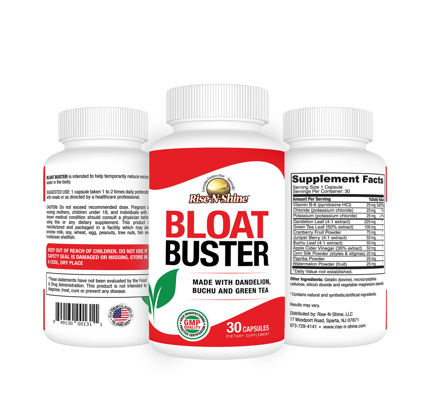 Rise-N-Shine Bloat Buster Water Pills with Dandelion, Green Tea, Apple Cider Vinegar and More to Help Water Retention and Bloating 30 Count