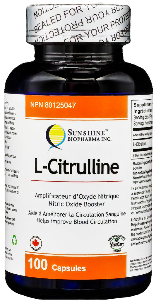 Sunshine Biopharma Citrulline 100 Capsules, Workout Supplement. Increase Blood Flow to Muscles to Enhance Exercise Performances. Vegan Certified