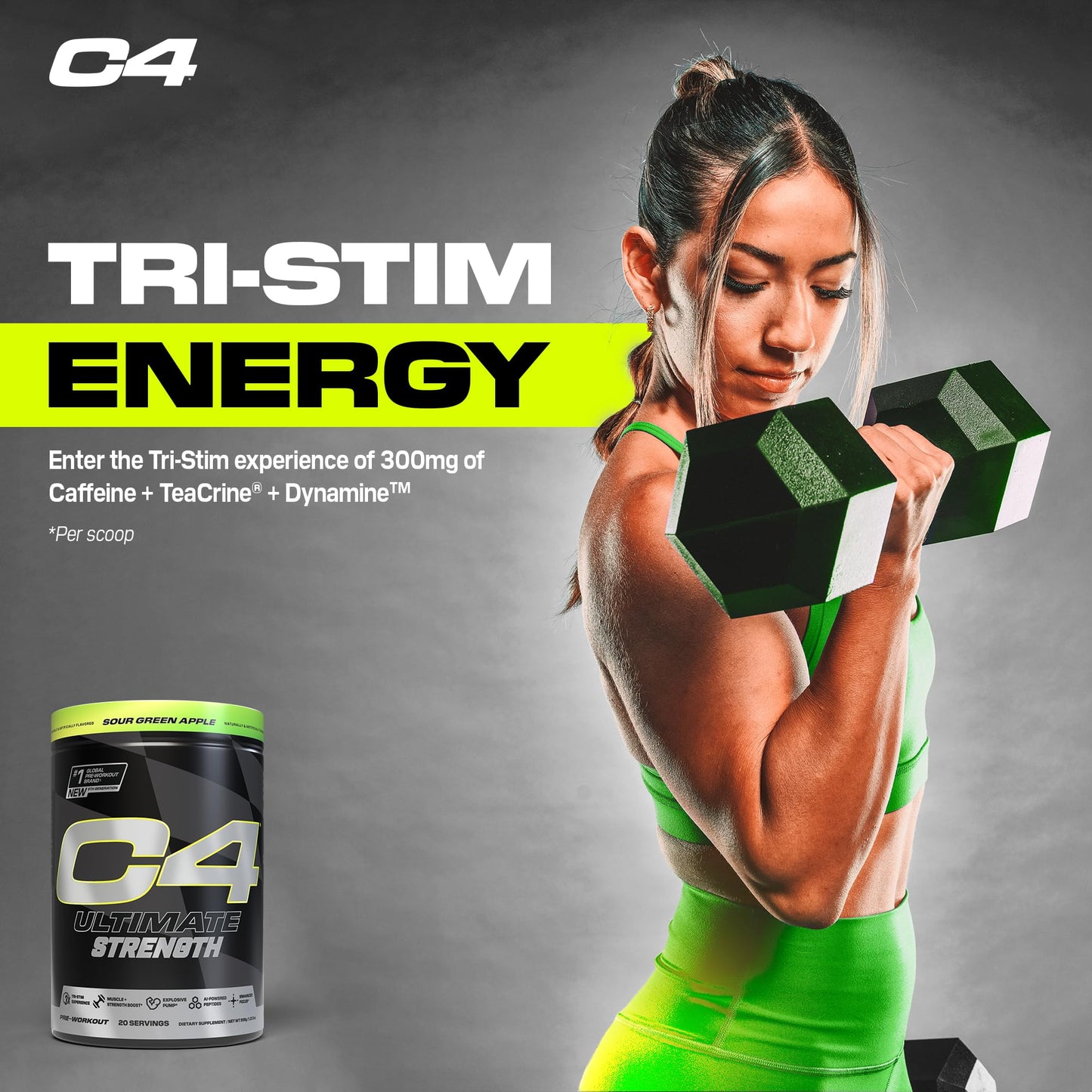 Cellucor C4 Ultimate Strength Pre Workout Powder - Tri-Stim Experience 300mg Caffeine+TeaCrine+Dynamine - Creatine & Beta-Alanine - Energy Supplement for Men & Women - Sour Green Apple, 20 Servings