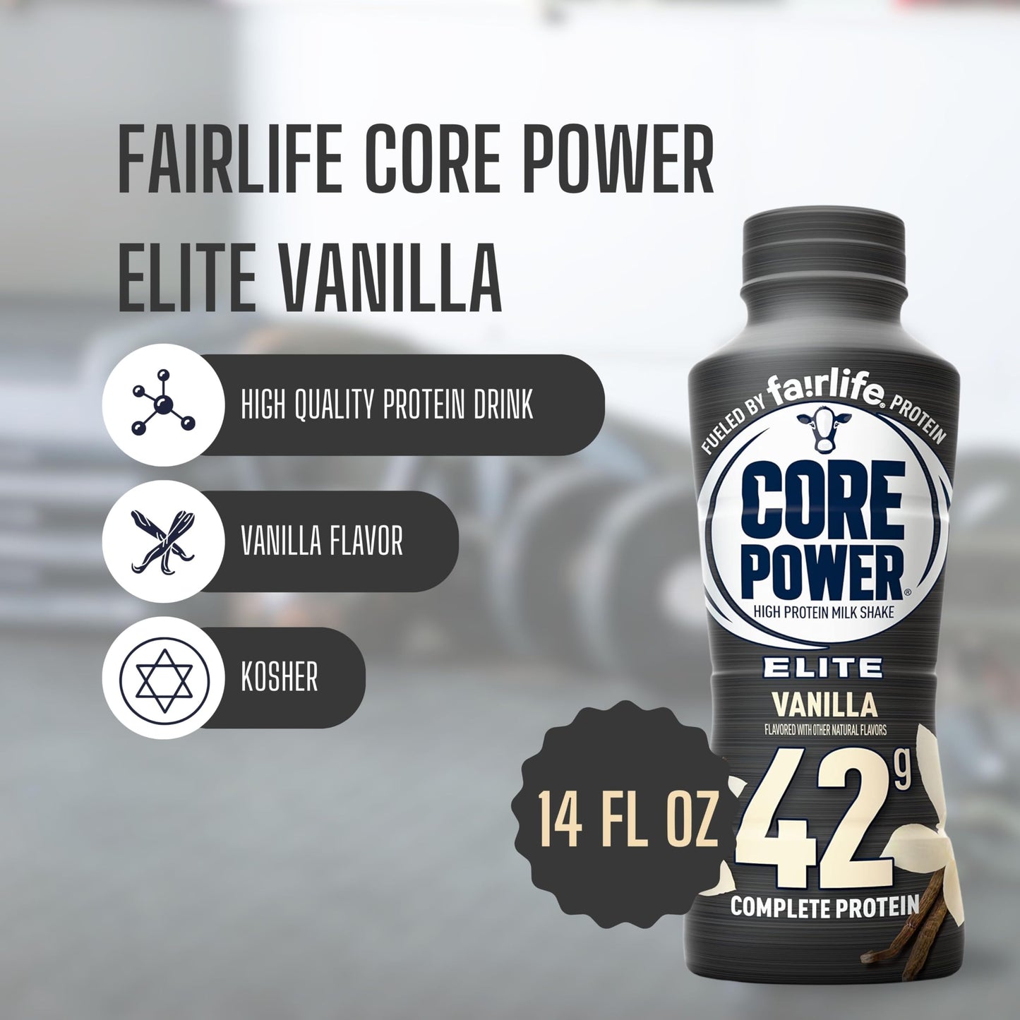 Worldwide Nutrition Bundle: Fairlife Core Power Elite 42g High Protein Milk Shake - Kosher, Vanilla Flavor Protein Shake for Workout Recovery - 14 Fl Oz (Pack of 12) & Multi-Purpose Key Chain