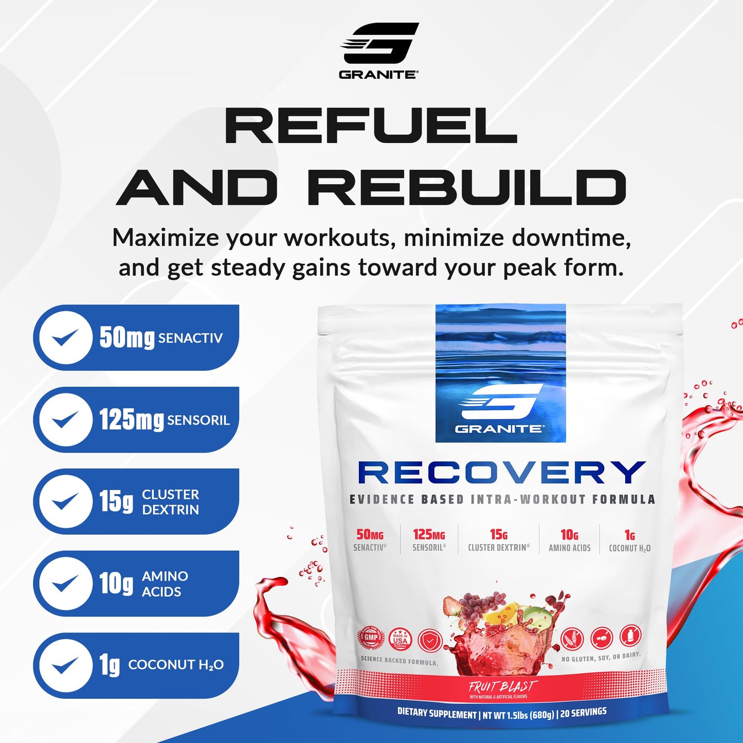 Granite Nutrition Recovery - Premium Intra-Workout Drink with EAAs, Cluster Dextrin, Sensoril & Senactiv for Athletic Performance and Lean Muscle Gains - Fruit Blast (30 Servings)