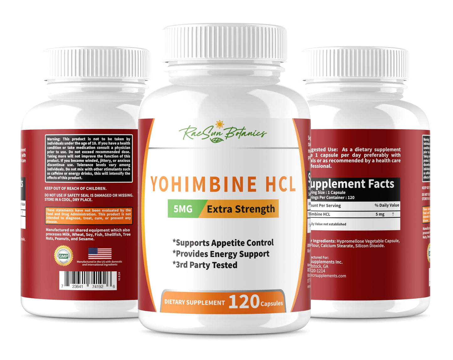 RaeSun Botanics Yohimbine HCL Bark Extract Extra Strength Supplement 5mg x 120ct Capsules Premium Fat Burner, Weight Loss, Appetite Control, Male Support, Energy, and More