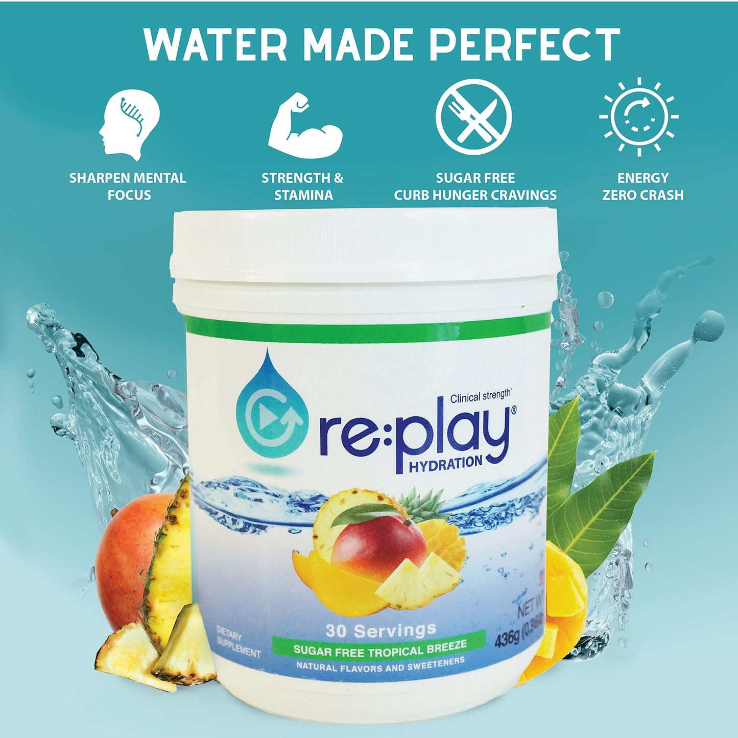 Re:Play Hydration Recovery Drink Powder, Sugar Free Tropical Breeze - 436g tub, 30 Servings
