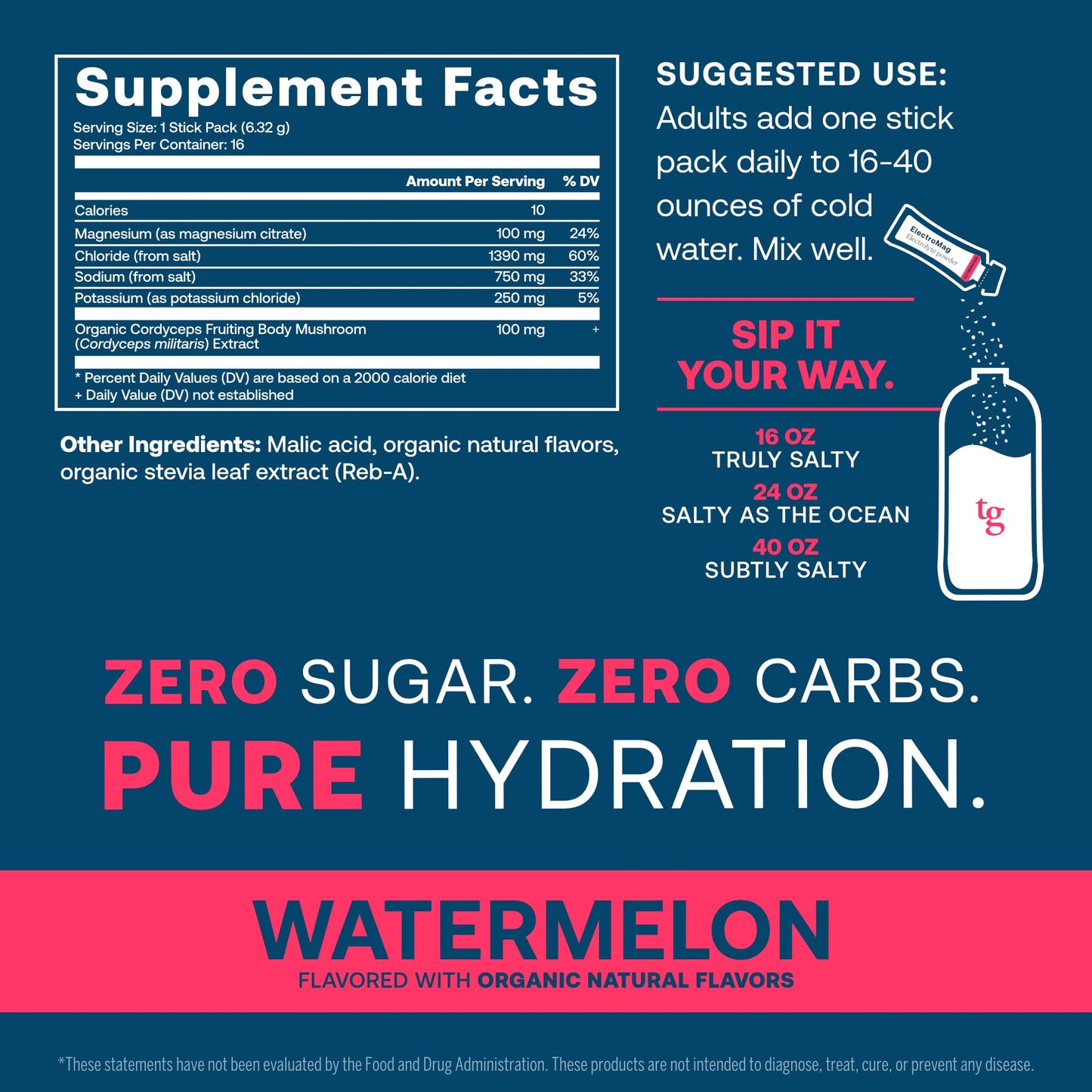 True Grace ElectroMag - 16 Stick Packs (Pack of 2) - Watermelon - Electrolyte Powder for Rapid Hydration - Sodium, Potassium, Magnesium & Cordyceps - Zero Sugar & Carbs - Non-GMO - 32 Total Servings