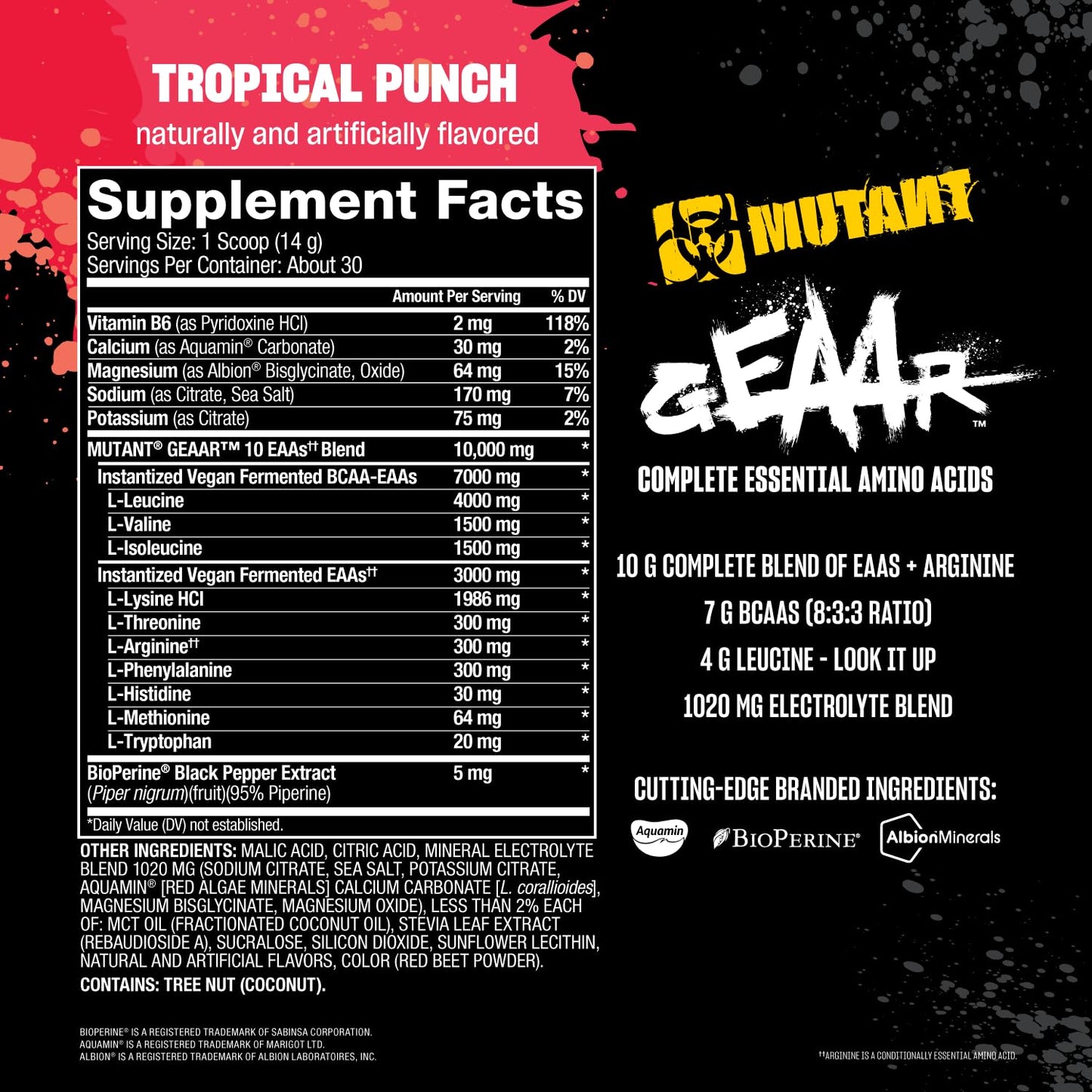 Mutant GEAAR - 9.4g of EAA Powder + Arginine, 7g BCAAs, 4g Leucine, Electrolytes, Coconut Water, 30 Servings - Fruit Punch