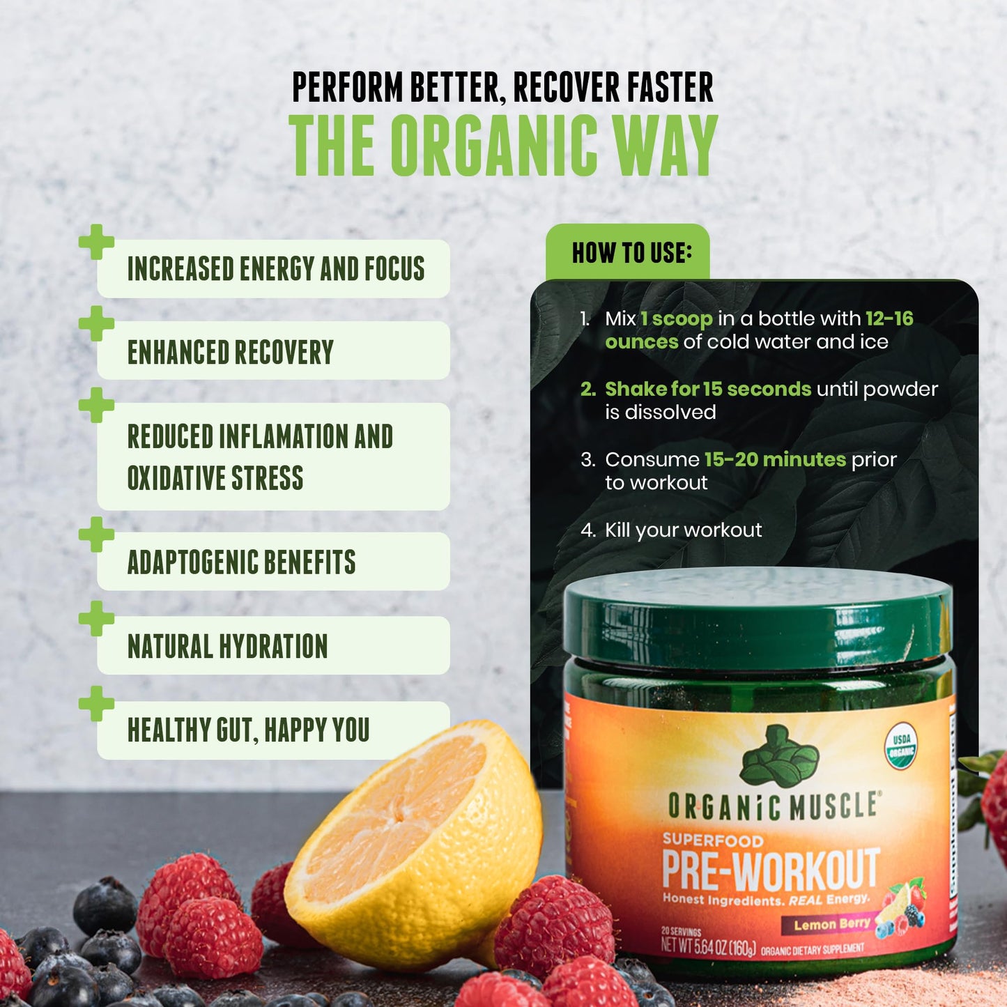 USDA Organic Pre-Workout Powder, Lemon Berry | Clean Energy Without Jitters | Natural Performance Boost | No Artificial Sweeteners | 20 Superfoods | Low Caffeine, 20 Servings