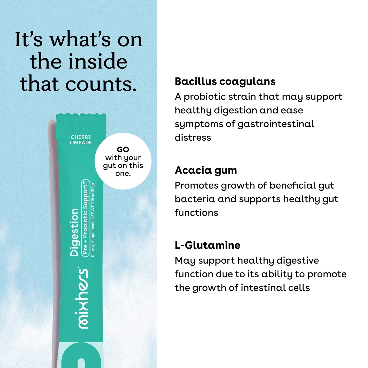Mixhers Digestion - Gut Health Supplement - For Metabolism, Digestion & Detox - Prebiotics & Postbiotics Drink Mix - With Bacillus Coagulans & L-Glutamine - 30 Packets - Cherry Limeade