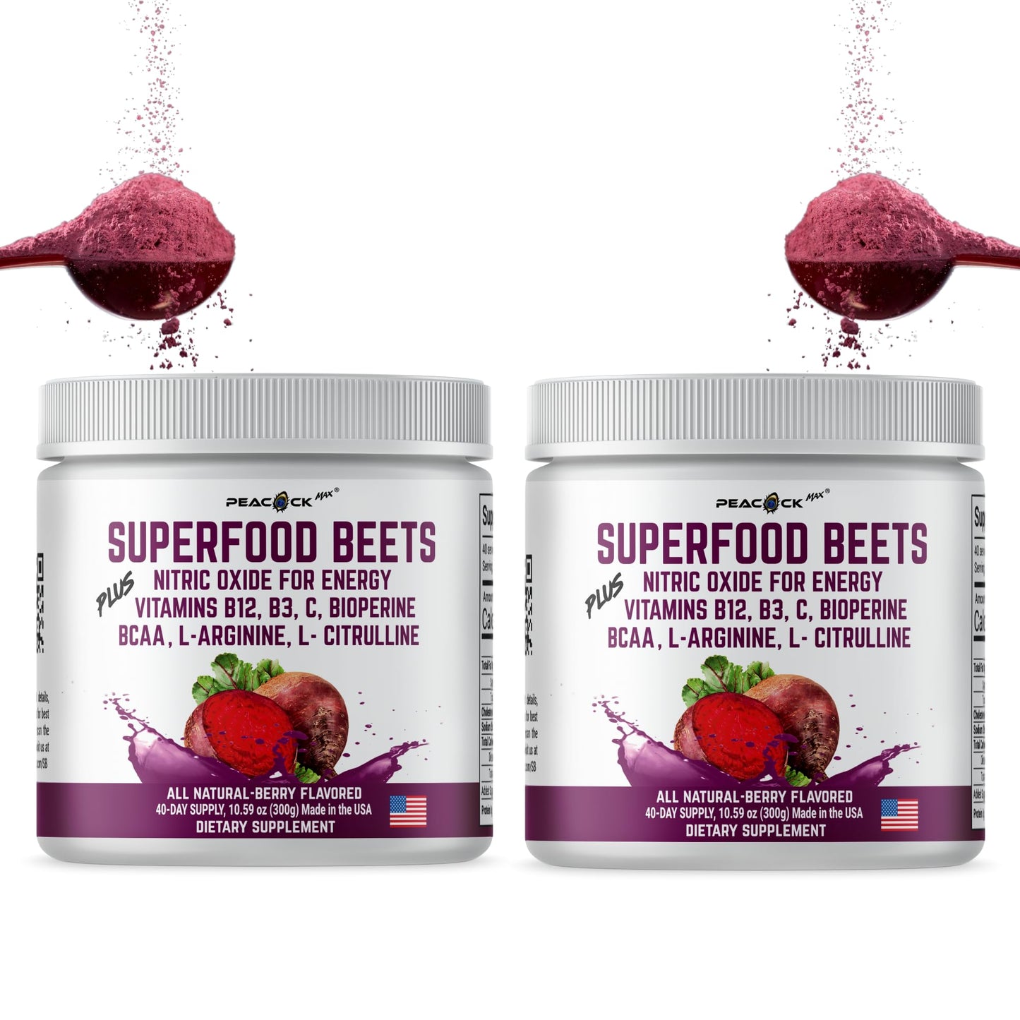 Peacock Max Beet Root Powder, 10.59 oz, Pack of 2 - Berry Flavor Nitric Oxide Booster Superfood with Green Tea Extract, BCAA, L-Arginine, L-Citrulline for Heart Health & Circulation Support, Non-GMO