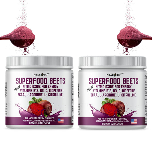 Peacock Max Beet Root Powder, 10.59 oz, Pack of 2 - Berry Flavor Nitric Oxide Booster Superfood with Green Tea Extract, BCAA, L-Arginine, L-Citrulline for Heart Health & Circulation Support, Non-GMO