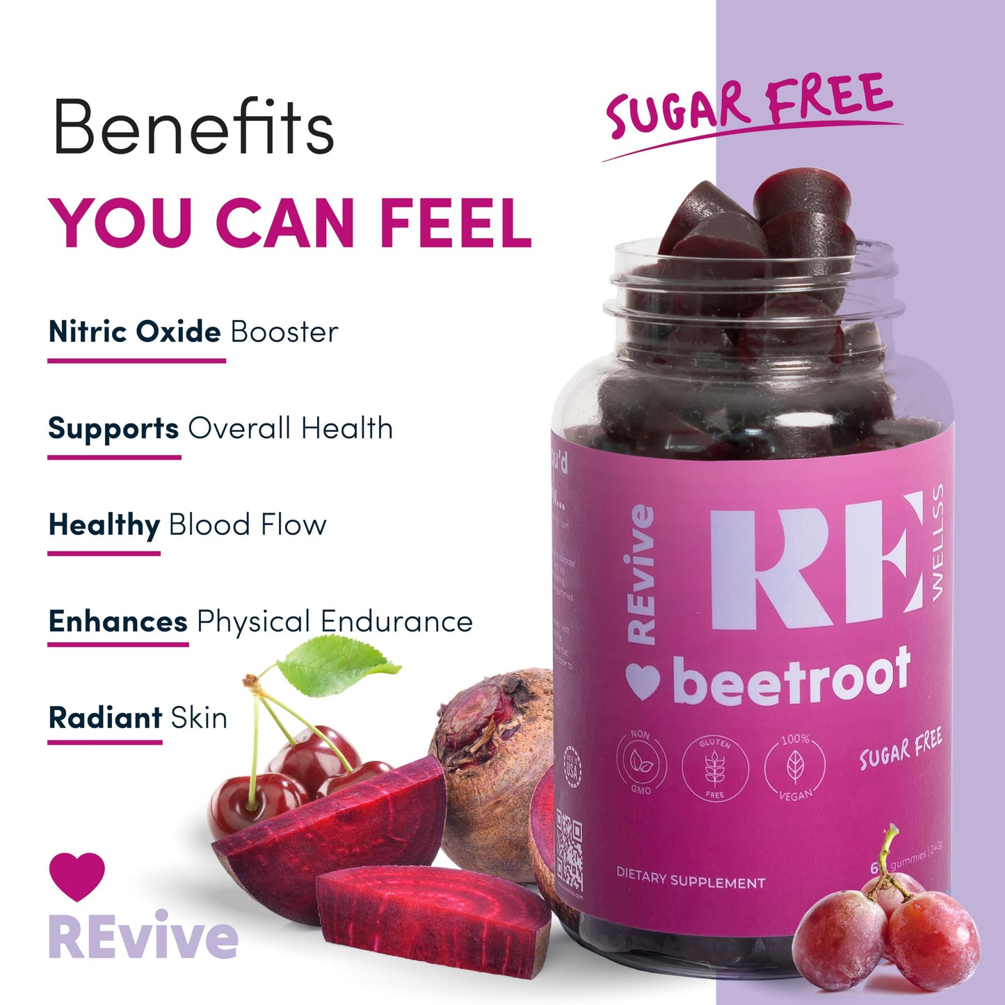 REWELLSS Beet Root Gummies with Grape Seed Extract Energy Supplements I Sugar Free Nitric Oxide Supplements for Men & Women I Overall Health & Blood Pressure Support I 60 Gummies - Cherry Flavor