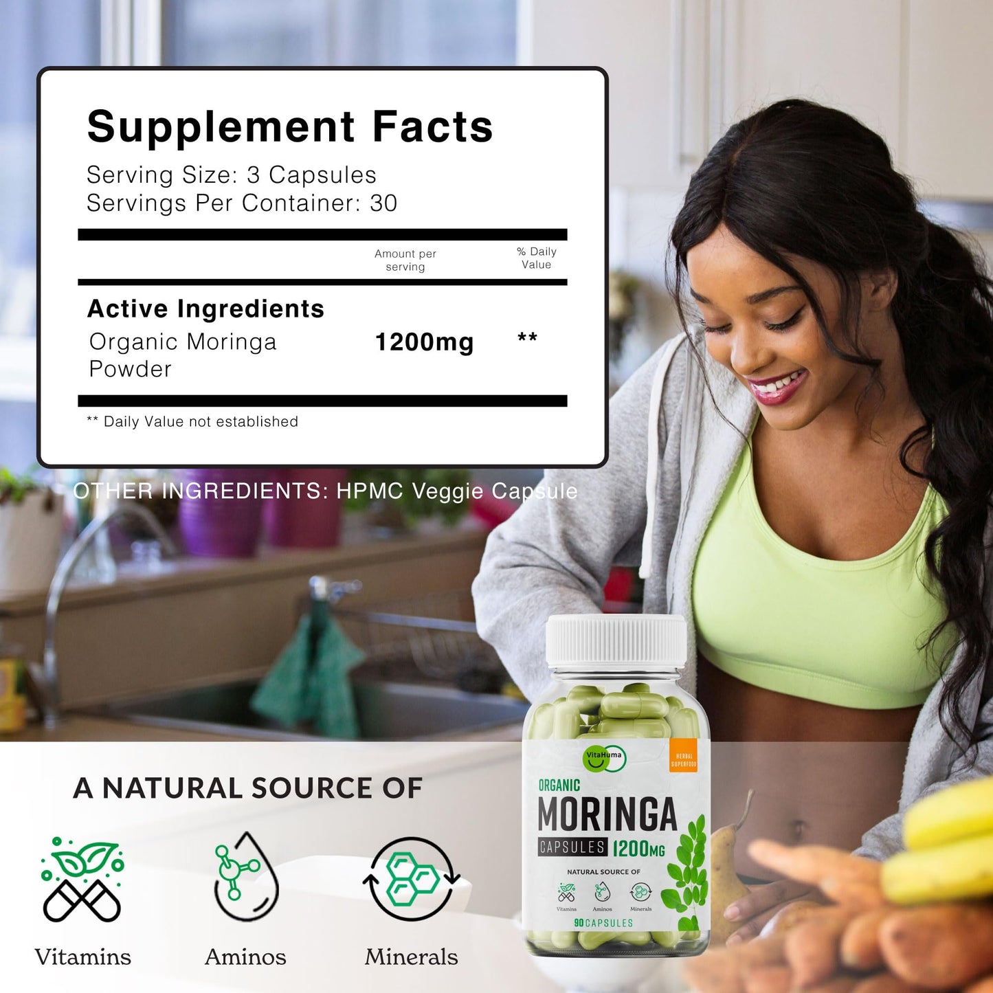 VitaHuma Organic Moringa, Nutrient-Dense Antioxidant Support with Vitamin C, A, E, Calcium, Potassium, Iron, Magnesium, Protein & Amino Acids for Hydration & Energy, Vegan, 1200 MG Per Serving, 90 CT