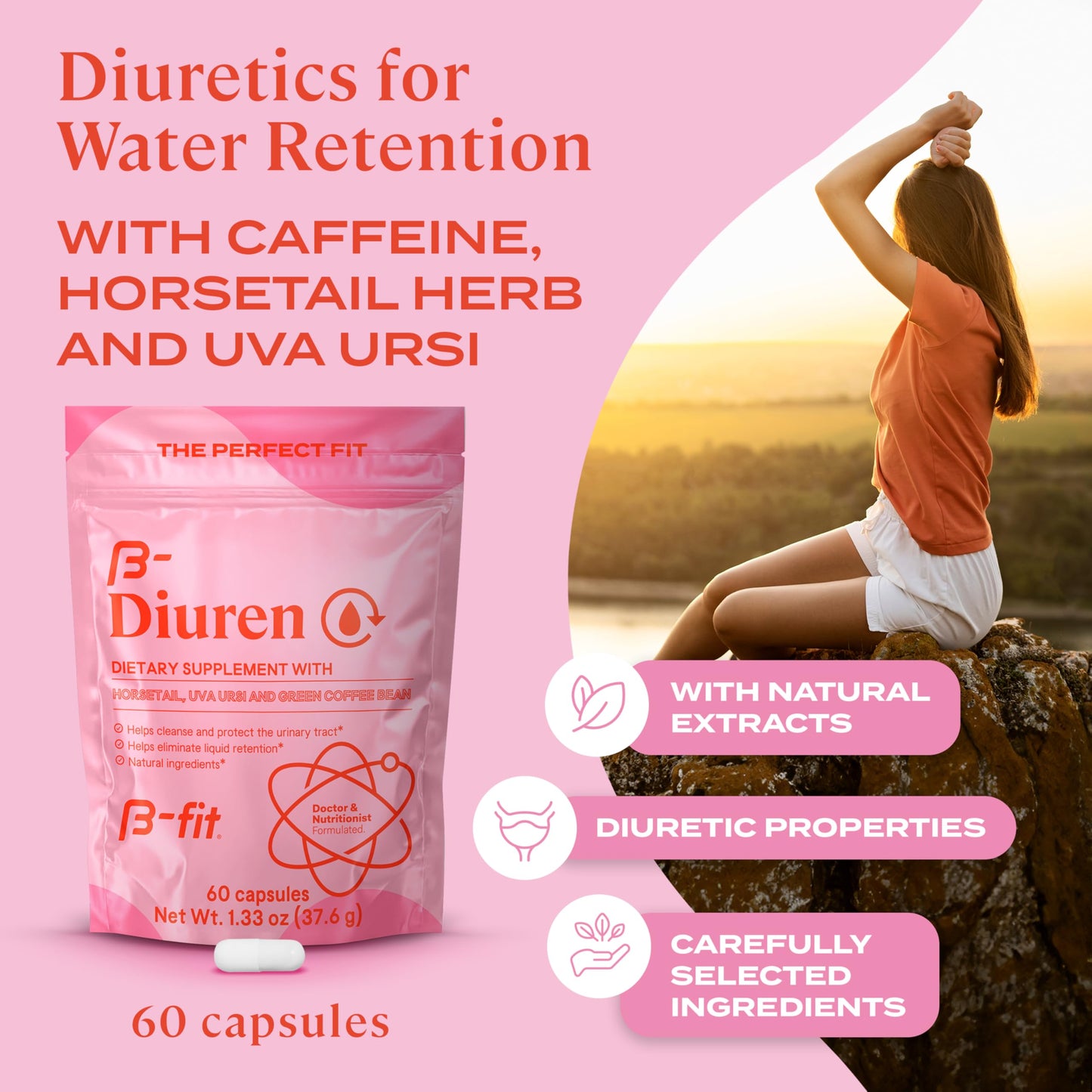 B-FIT B Diuren - Diuretic Capsules with Caffeine, Horsetail Herb and Uva Ursi - 60 Capsules with Natural Extracts - Horsetail Supplement - Best Diuretics for Water Retention