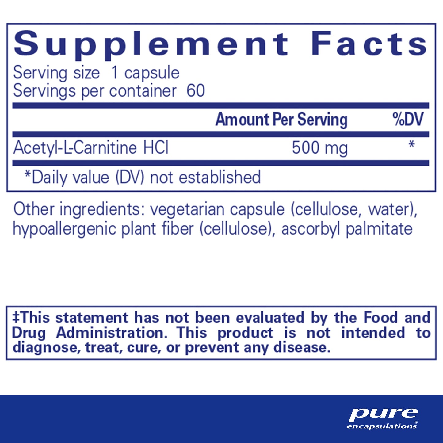 Pure Encapsulations Acetyl-L-Carnitine 500 mg - Memory & Brain Supplement - Brain Support & Focus* - Gluten Free & Non-GMO - 60 Capsules