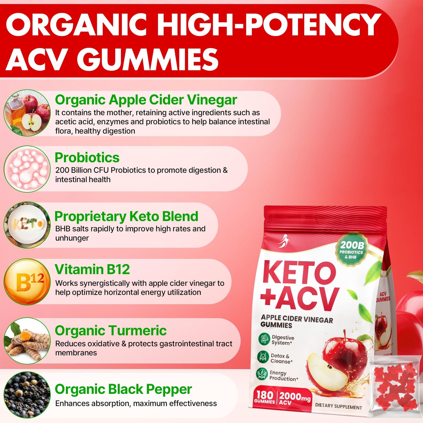 Apple Cider Vinegar Gummies, Advanced ACV Gummy with Probiotics, BHB, B12 and Keto Support - Keto Acv Gummies for Detox, Metabolism, Digestion, Gut & Immune Health - Sugar Free, Vegan, 180 Counts