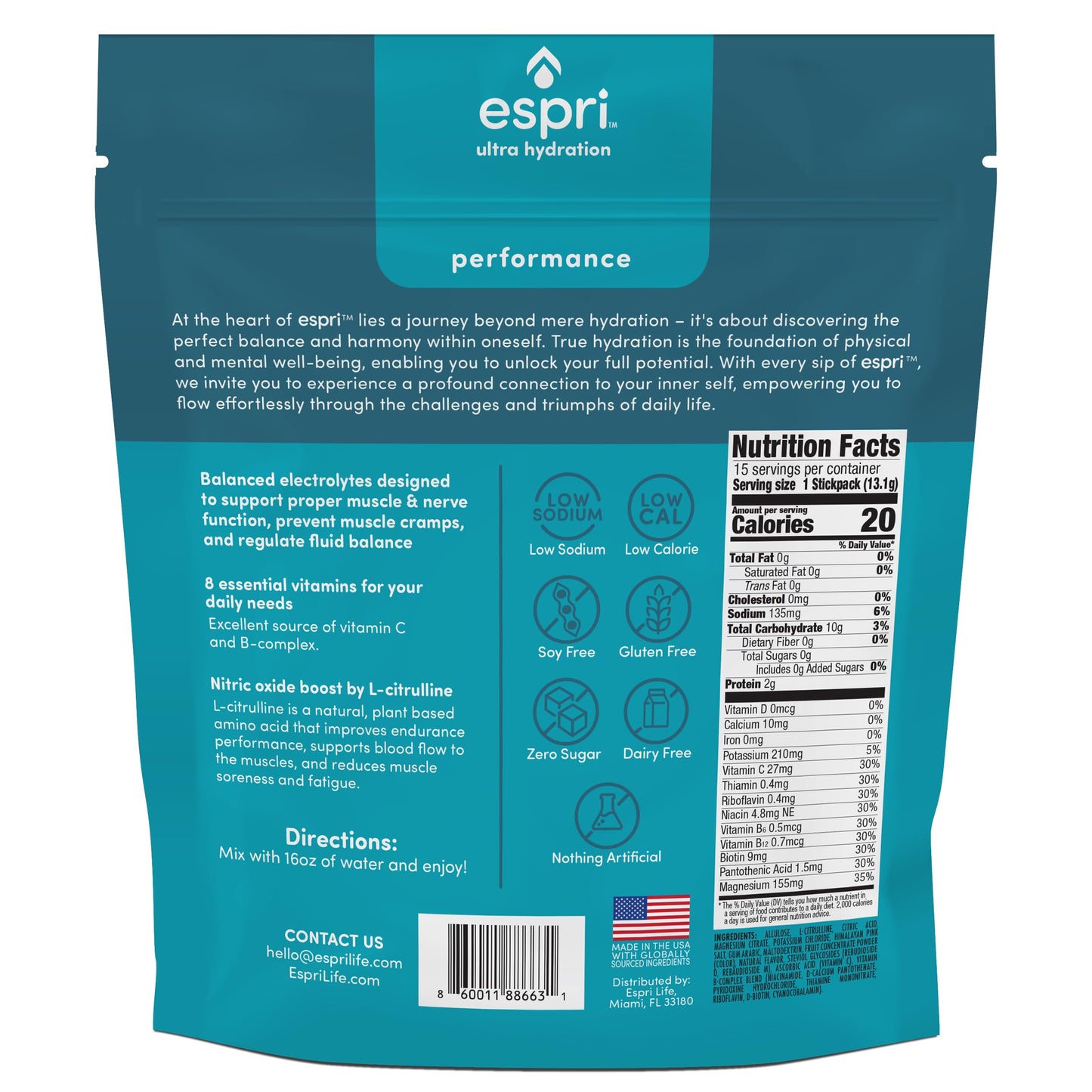 ESPRI Zero Sugar Electrolyte Drink Mix, Watermelon, Hydration Packets, Nitric Oxide Boost, Low Calories, Magnesium Citrate Prevents Muscle Cramps and Improves Recovery, 15 Day Supply