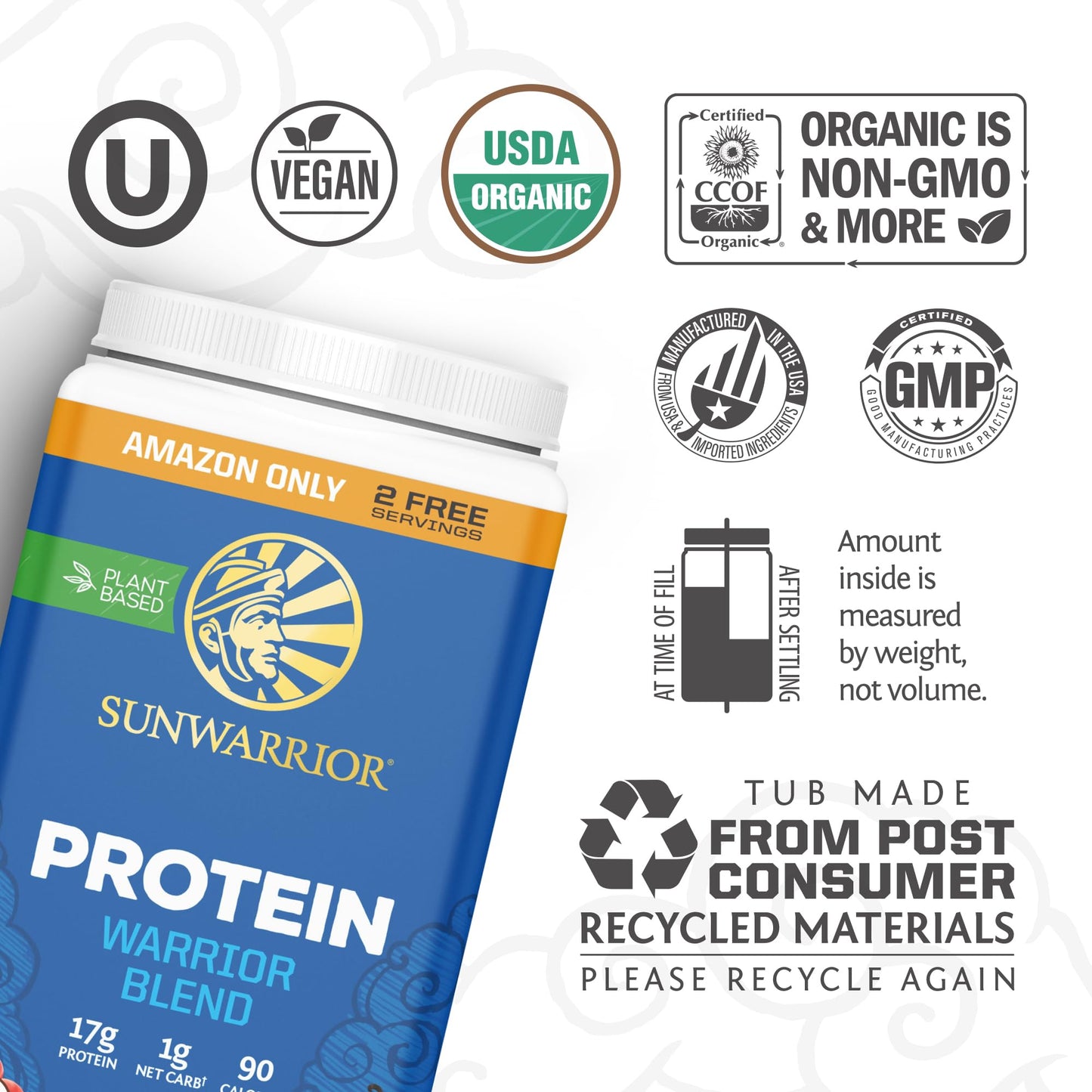 Sunwarrior Vegan Protein Powder Plant-based Organic Protein USDA BCAAs Amino Acids Supplement Hemp Seed Keto Friendly Soy, Dairy, Gluten, & Synthetic Free NON-GMO, Vanilla Flavored 32 Servings 17g per