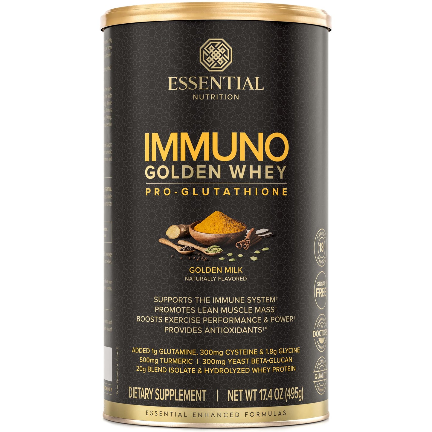 Essential Nutrition - Immuno Whey - Hydrolyzed Whey Protein Powder, Whey Protein Isolate, 18g Protein Per Serving, Amino Acids, Glutathione Production - Turmeric Extract - Golden Milk - 17.4oz