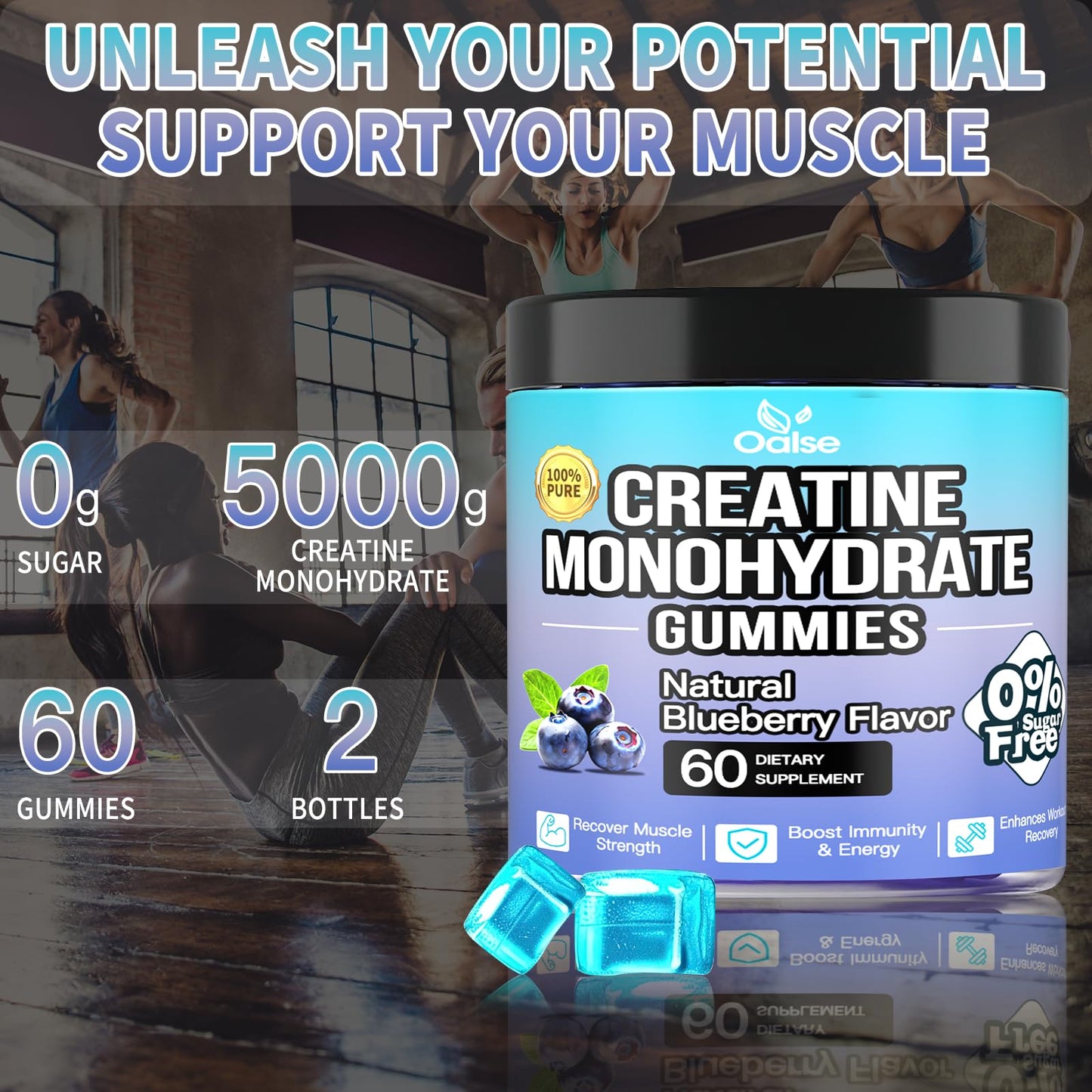 (2Pack，120 Count) Creatine Monohydrate Gummies for Men & Women 5000mg, Chewable Creatine Monohydrate with W/L-Taurine + Vitamin B12 for Muscle Support, Energy Boost - Sugar Free,Vegan (Blueberry)