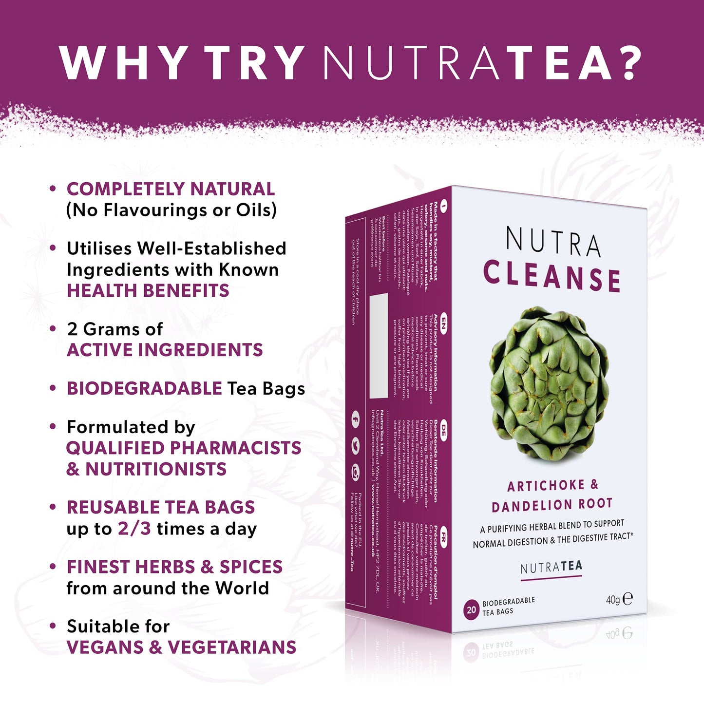 NUTRACLEANSE - Detox Tea | Colon Cleanse Tea | Constipation Tea - Full Body Detox Cleanse - Includes Dandelion Root and Burdock Root - 40 Enveloped Tea Bags - by Nutra Tea - Herbal Tea - (2 Pack)