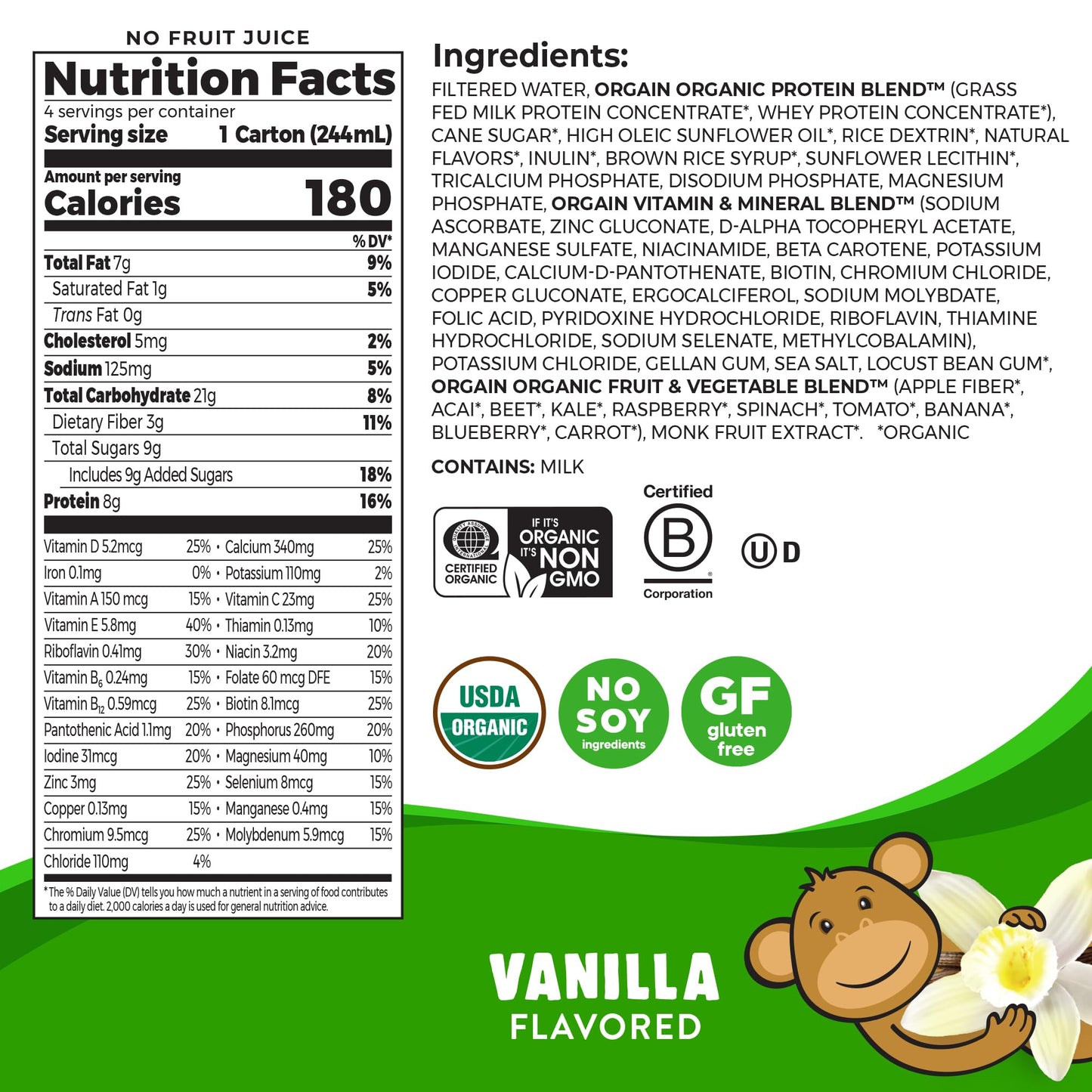 Orgain Organic Kids Nutritional Protein Shake, Vanilla, Healthy Kids Snacks, 8g Dairy Protein, 3g Fiber, 22 Vitamins & Minerals, No Soy ingredients, Gluten Free, Non-GMO, 8.25 Fl Oz (Pack of 12)