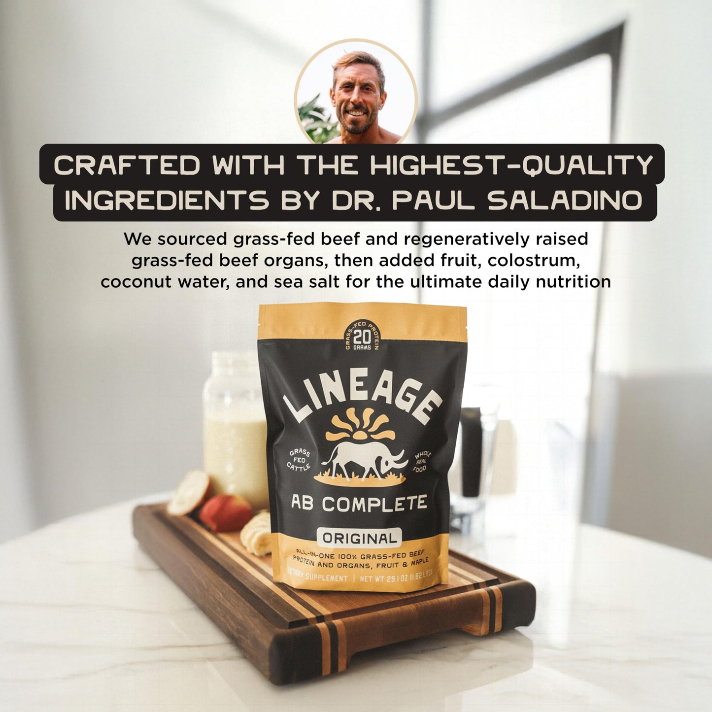 Lineage Provisions Grass Fed Beef Protein Powder - Original Flavor - Nose to Tail Animal Protein Powder Including 100% Grass Fed and Finished Beef Organs, Colostrum, and Fruit - 1.8 lbs (30 Servings)