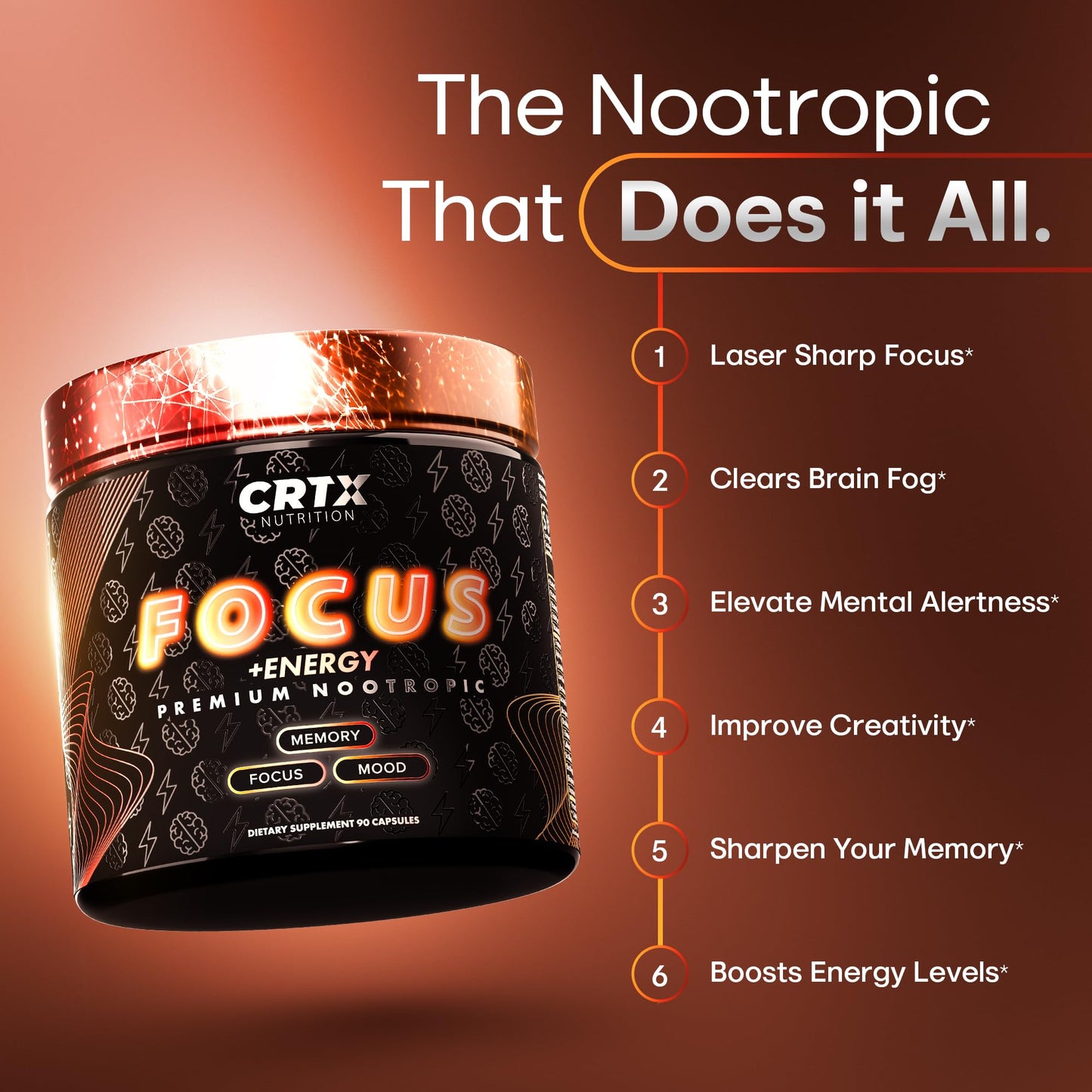 Nootropic Strongest Focus Supplement - Clinically Backed Ingredients Made in USA - Scientifically Backed Doses - Supplement for Brain Fog - AlphaGPC, Lions Mane, Rhodiola and More 10:1 90 Capsules