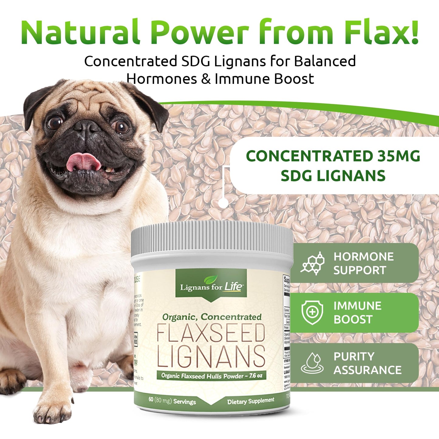 Lignans for Life - Natural Bulk Ground Flaxseed Powder - Omega 3 & 6 Fatty Acids Filled High Fiber Antioxidants - Support Healthy Heart & Hair, Healthy Immune System - 60 Servings 80mg per tab, 1 Pack