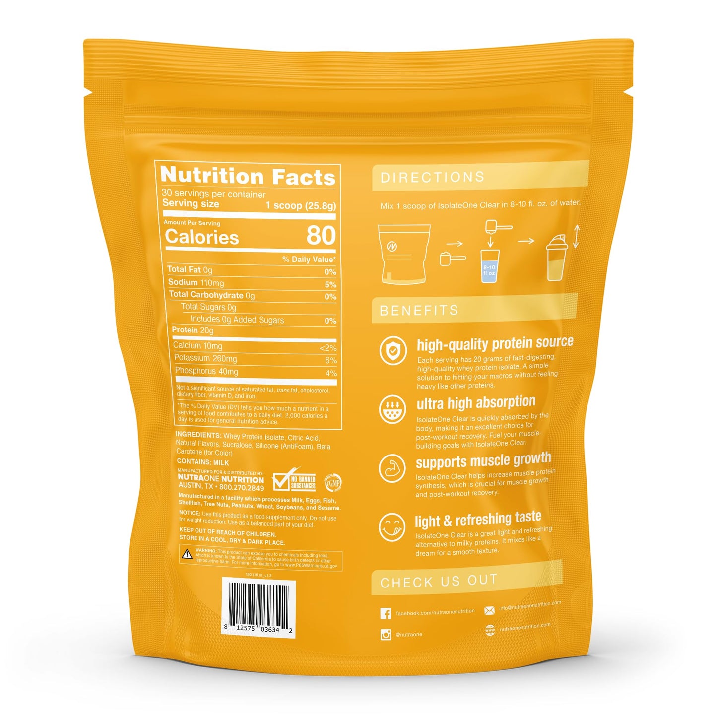 NutraOne Clear Whey Protein Powder Drink Mix, Naturally Flavored, Clear Protein Drink, 20g of Protein, Zero Sugar (Pineapple Mango - 30 Servings)