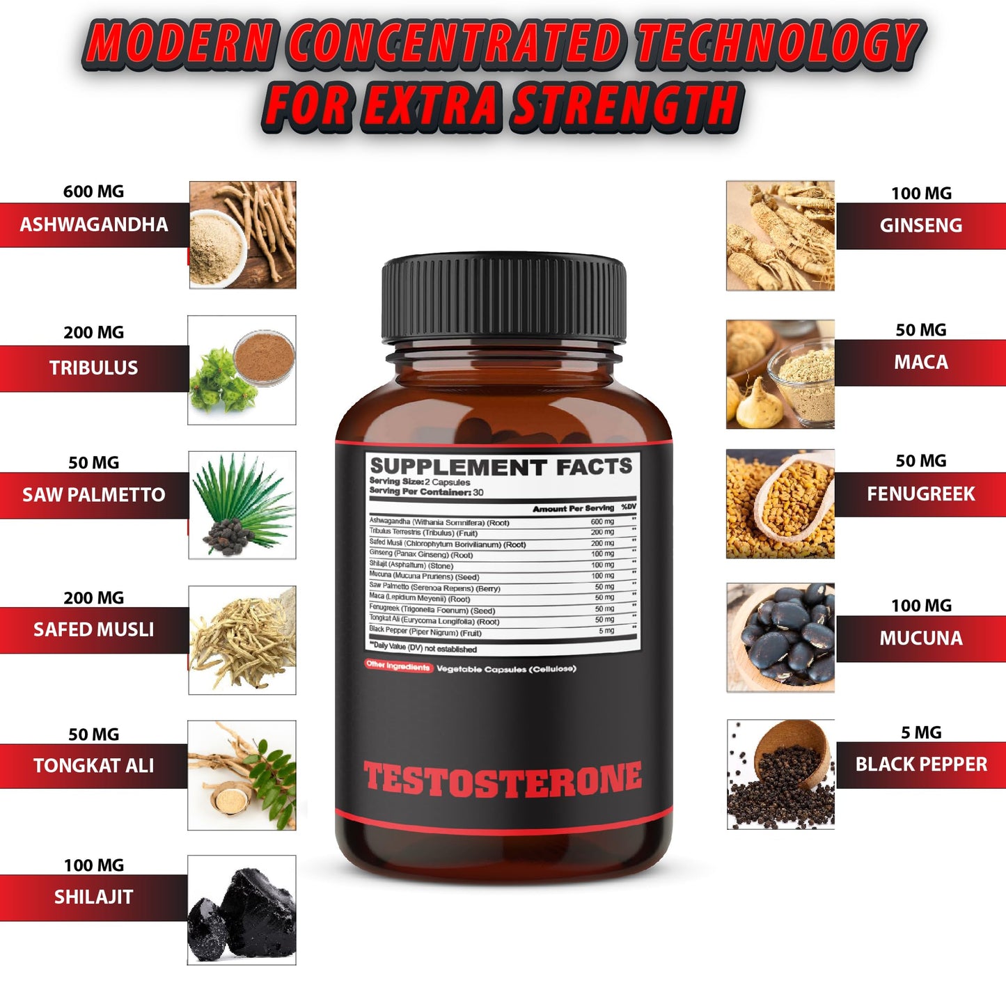 Testosterone Supplement for Men with Ashwagandha, Tribulus, Ginseng & More - 11 Herbs - Strength Support - 60 Vegan Capsules 1 Month Supply