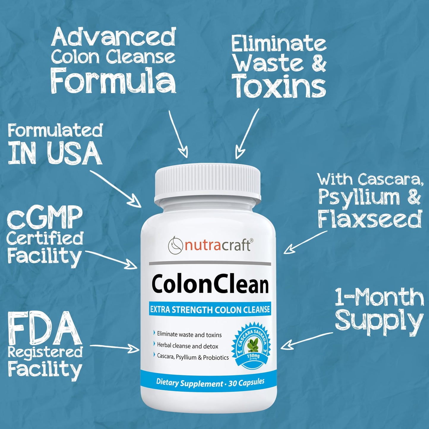 Nutracraft ColonClean #1 Colon Detox and Constipation Relief | Senna, Cascara Sagrada, Psyllium, MCT, Aloe and Probiotics | 30 Capsules
