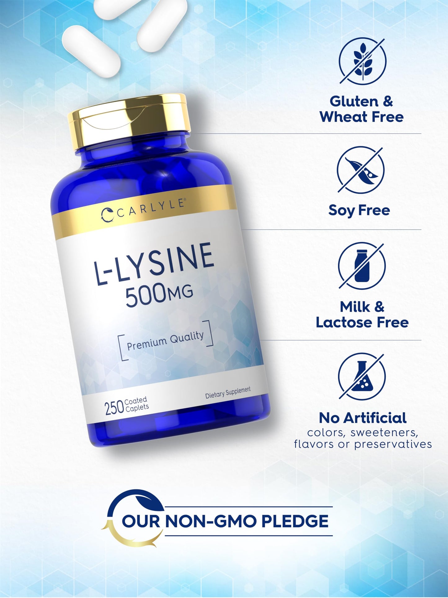 Carlyle L-Lysine 500 mg | 250 Caplet Capsules | Amino Acid Supplement | Vegetarian, Non-GMO & Gluten Free