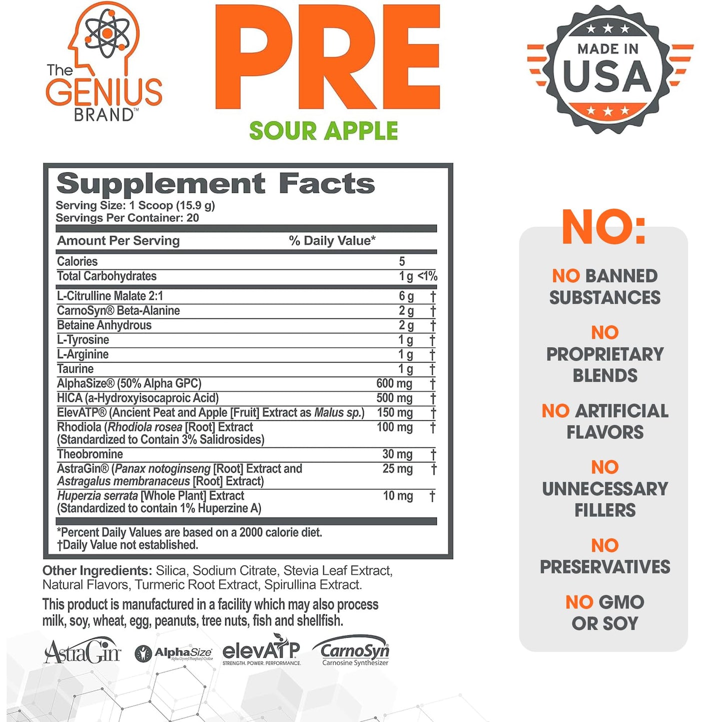 Genius Pre Workout Powder, Sour Apple - All-Natural Nootropic Pre-Workout & Caffeine-Free Nitric Oxide Booster Supplement with Beta Alanine & Alpha GPC - No Artificial Flavors, Sweeteners, or Dyes