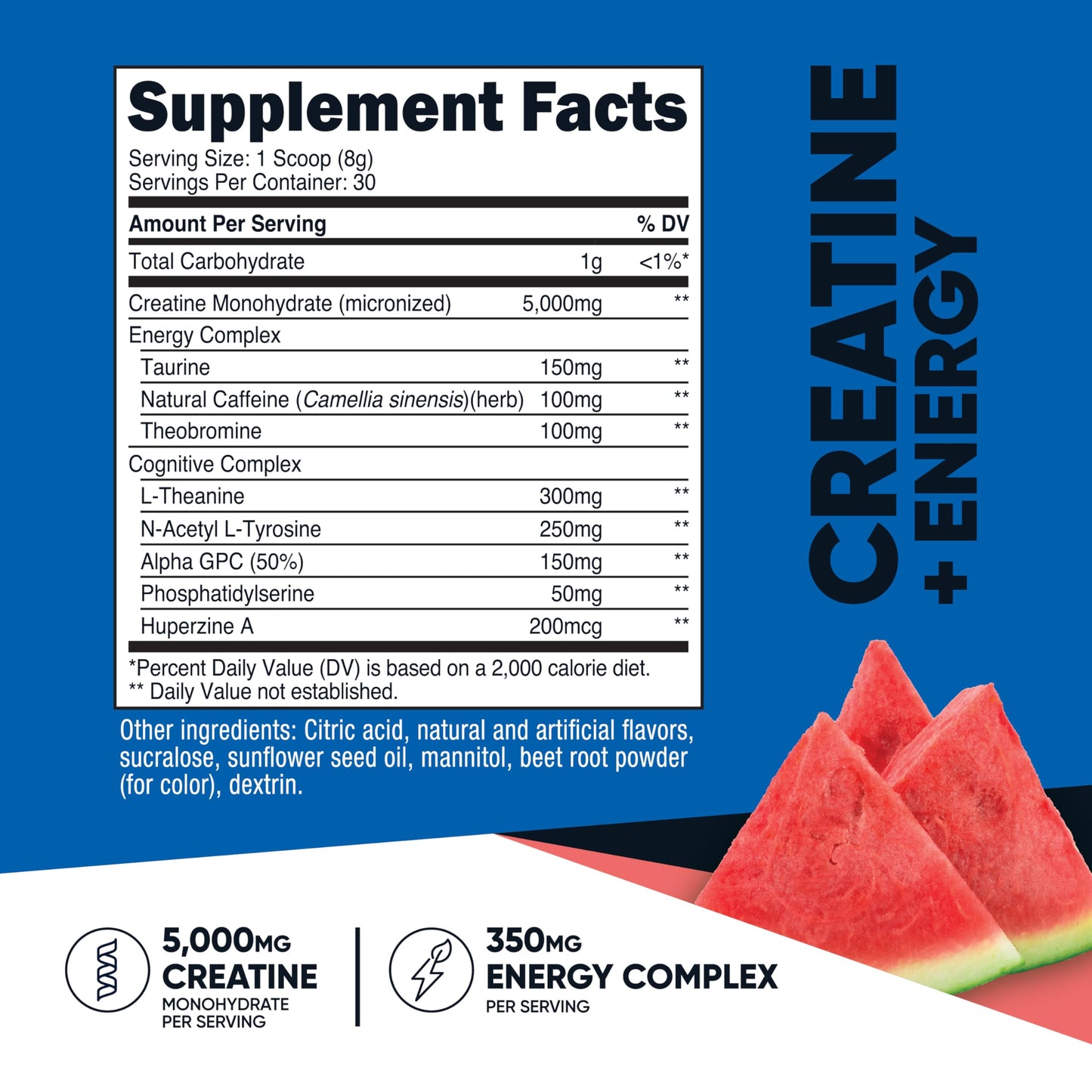 Nutricost Creatine + Energy 30 Servings (Watermelon Flavored) - 5,000mg Creatine Monohydrate + 350mg Energy Complex Per Serving