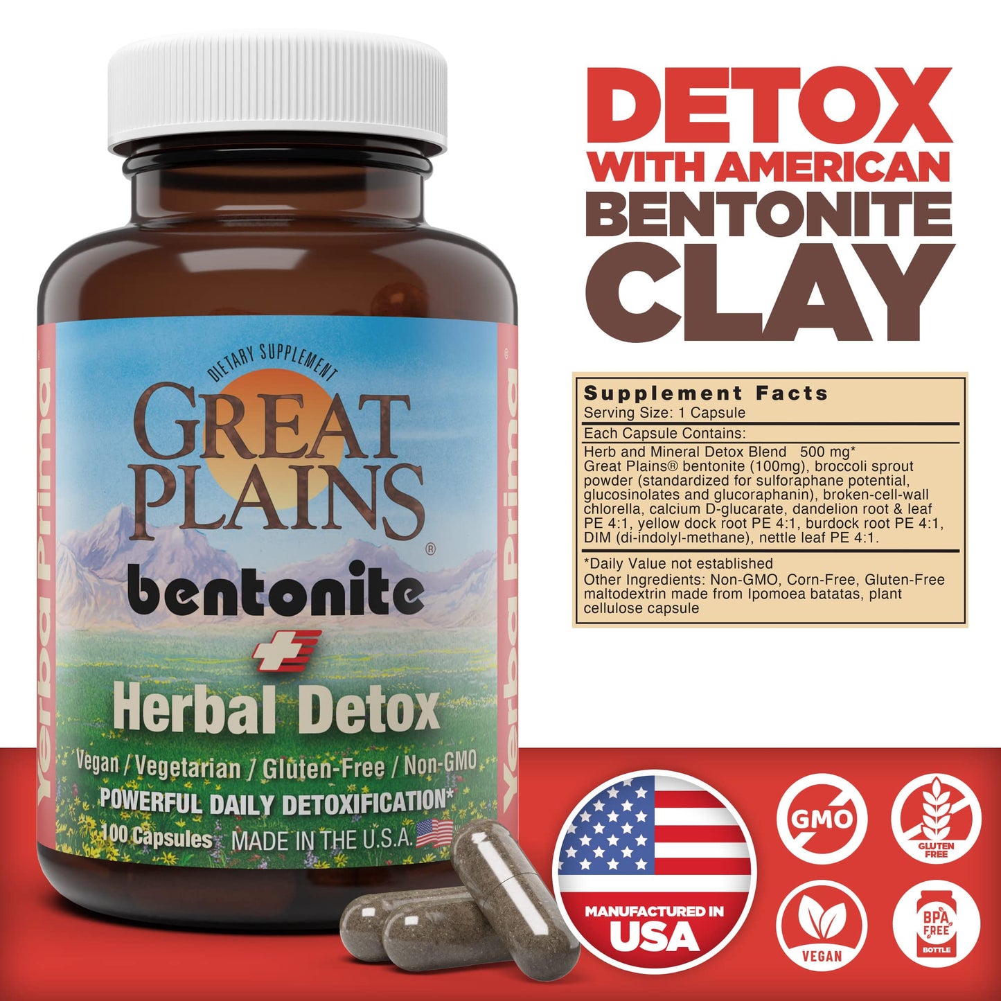 Yerba Prima Bentonite Clay Plus Herbal Detox, 100 Veg Capsules - Food Grade Clay from The Great Plains, USA - Colon & Liver Cleanse Supplement with Calcium Clay